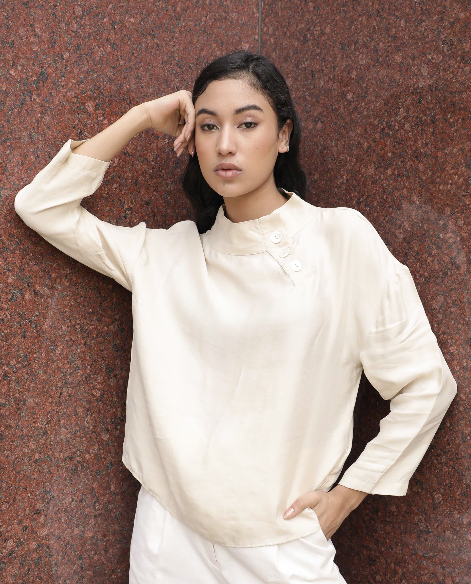 Womens Mawa Beige Top Full Sleeve High Collared