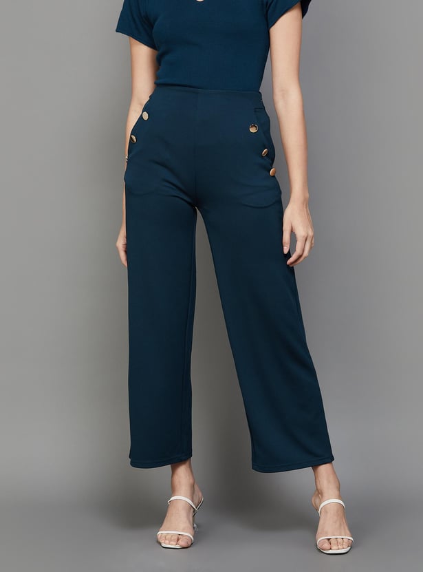 CODE Women Solid Elasticated Flared Trousers