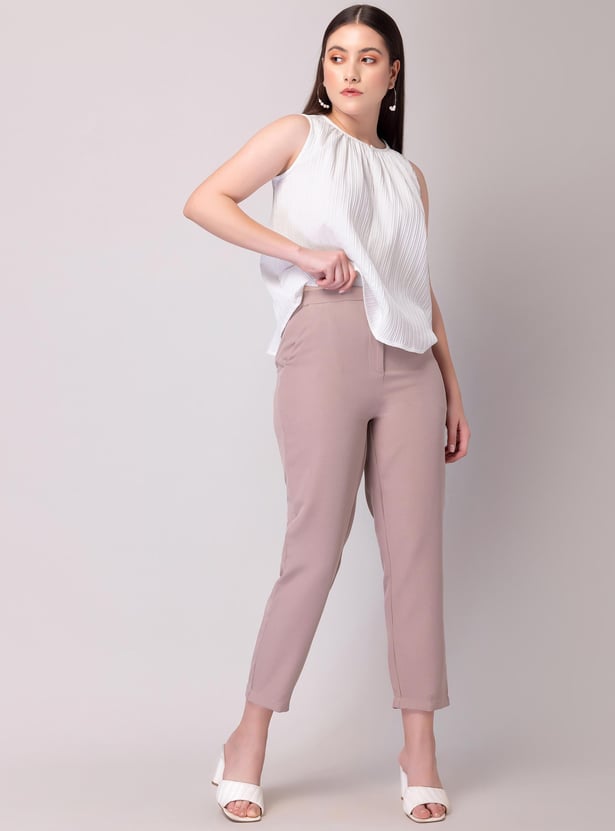 FABALLEY Women Solid Cropped Formal Trousers