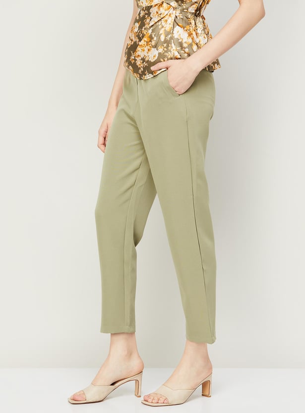 FABALLEY Women Solid Ankle-Length High Waist Trousers