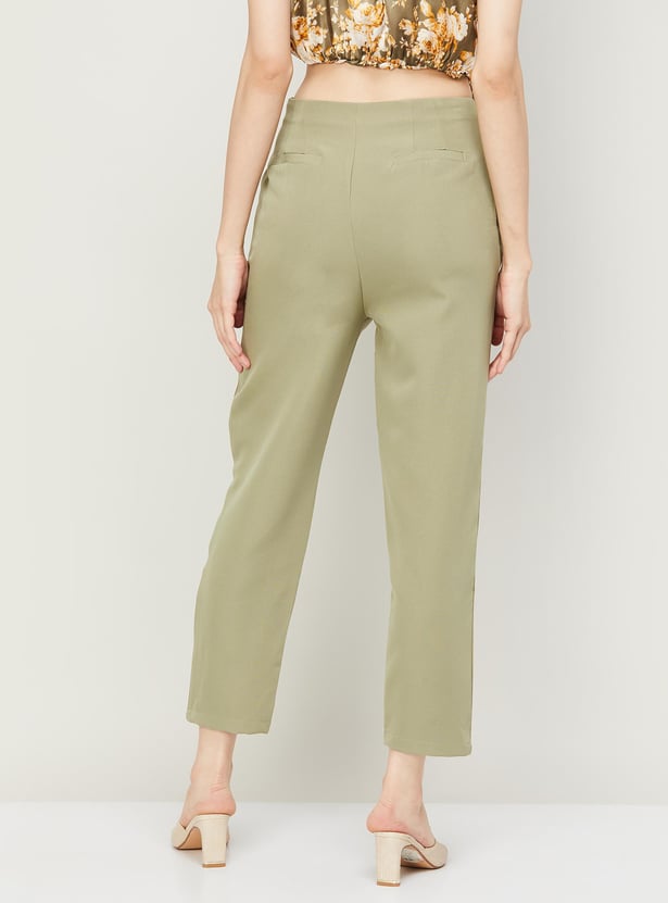 FABALLEY Women Solid Ankle-Length High Waist Trousers