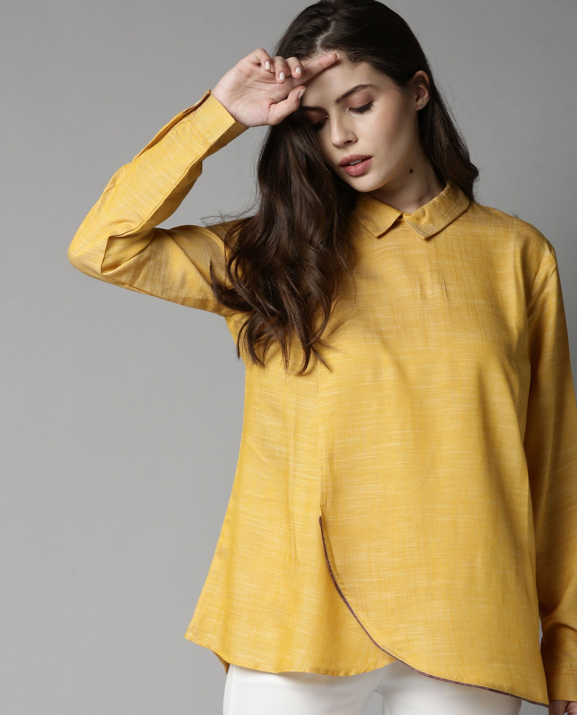 Womens Kara Yellow Top Polycotton Fabric Full Sleeves Collar Neck