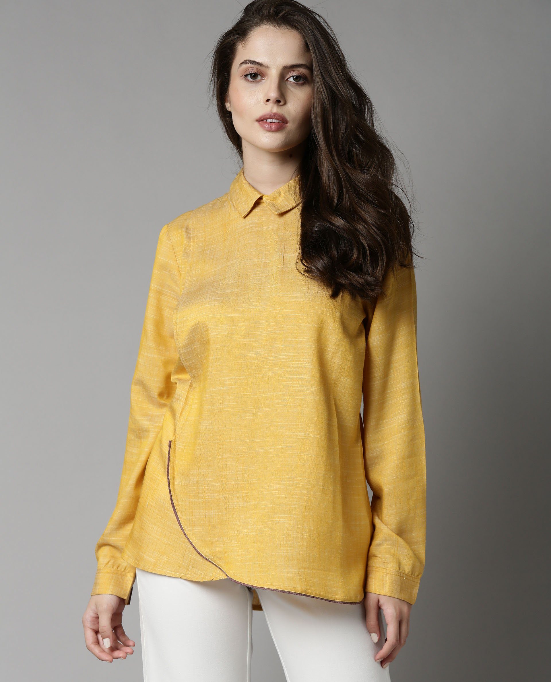 Womens Kara Yellow Top Polycotton Fabric Full Sleeves Collar Neck