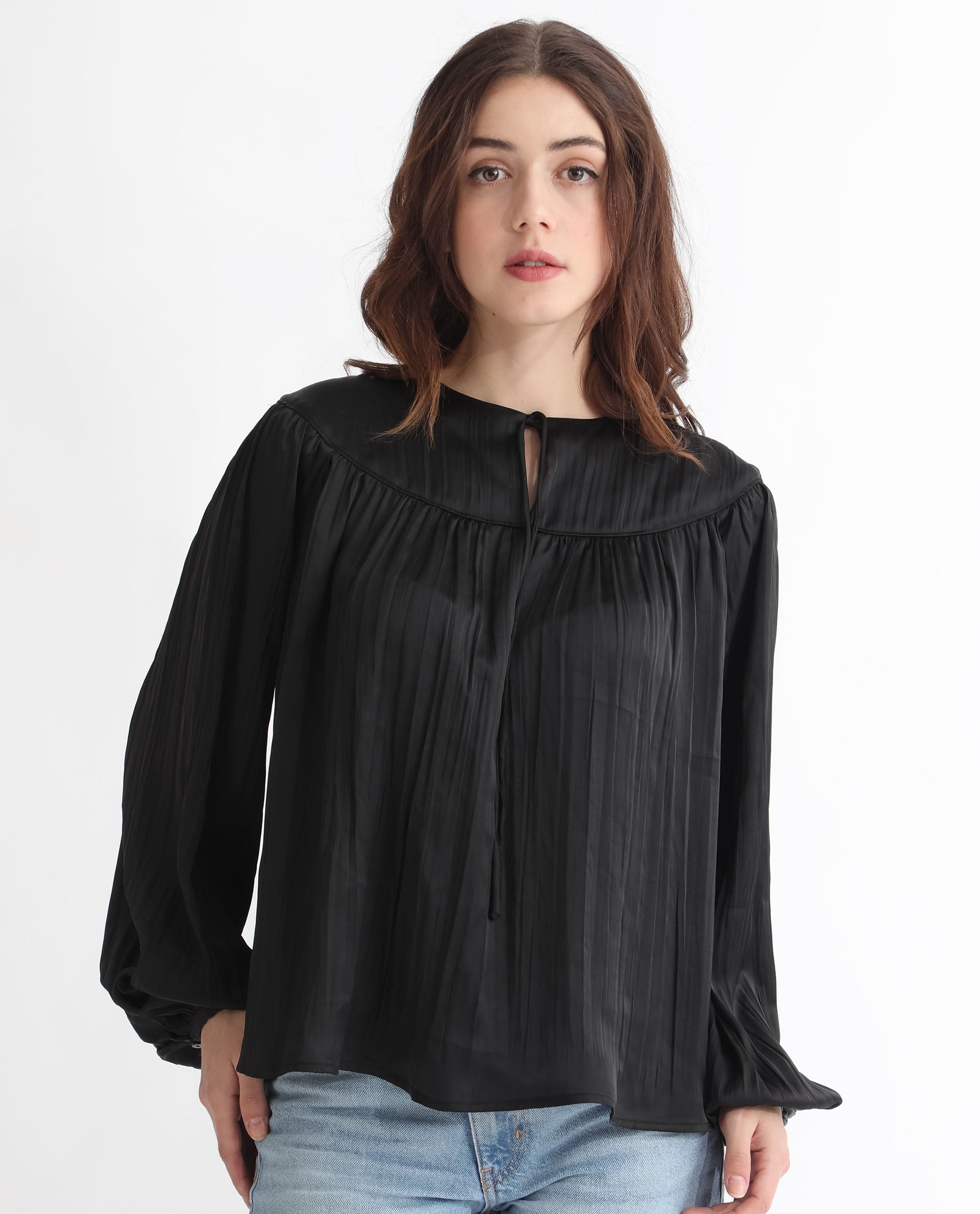 Women'S Agathe Black Polyester Fabric Full Sleeves Tie-Up Neck Balloon Sleeve Relaxed Fit Plain Top