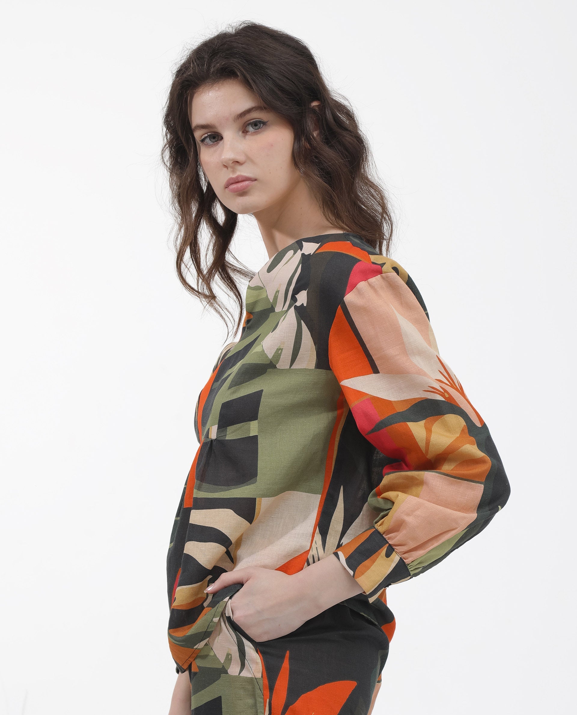 Women'S Agenia-T Pastel Multi Cotton Linen Fabric Regular Sleeves V-Neck Abstract Print Regular Length Top