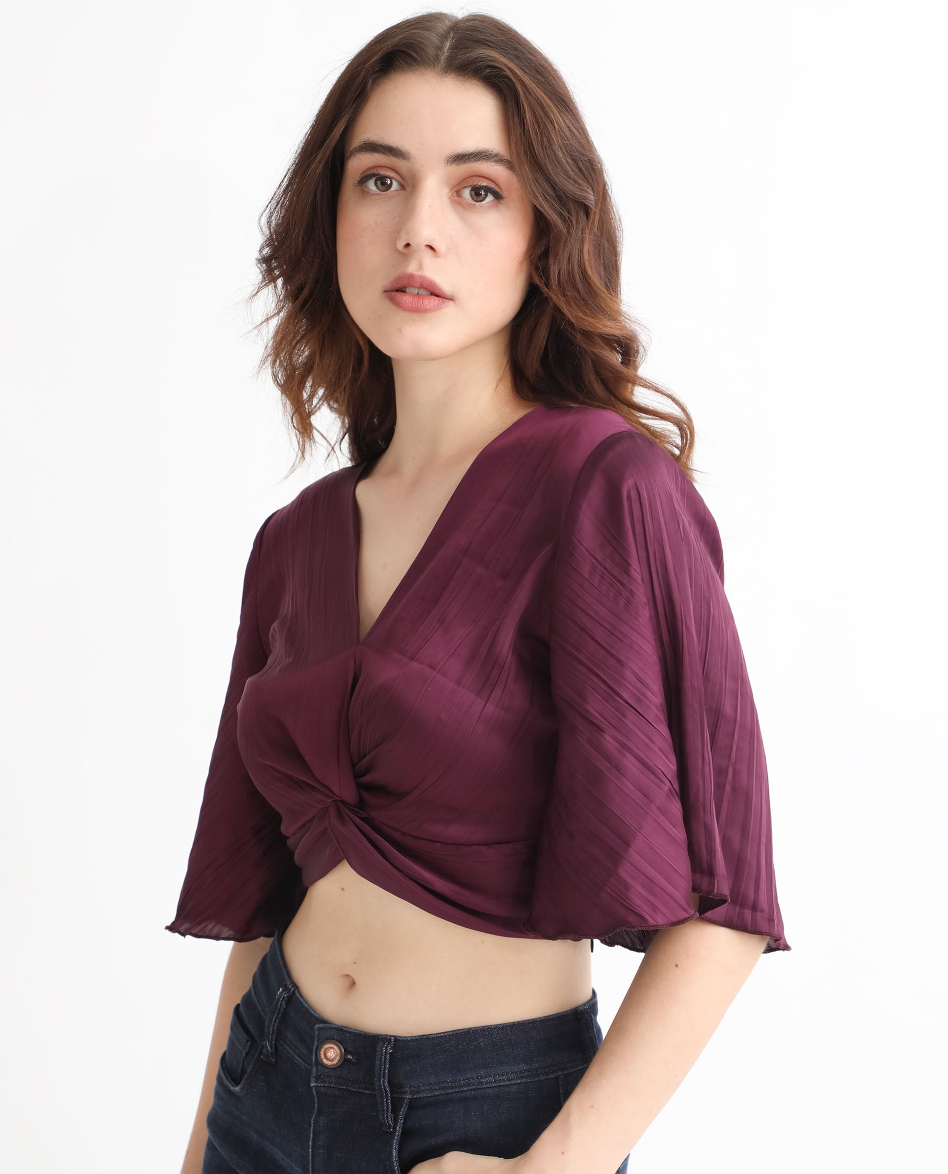 Women'S Ainara Dark Purple Polyester Fabric Regular Fit Cropped V-Neck Half Sleeves Solid Top