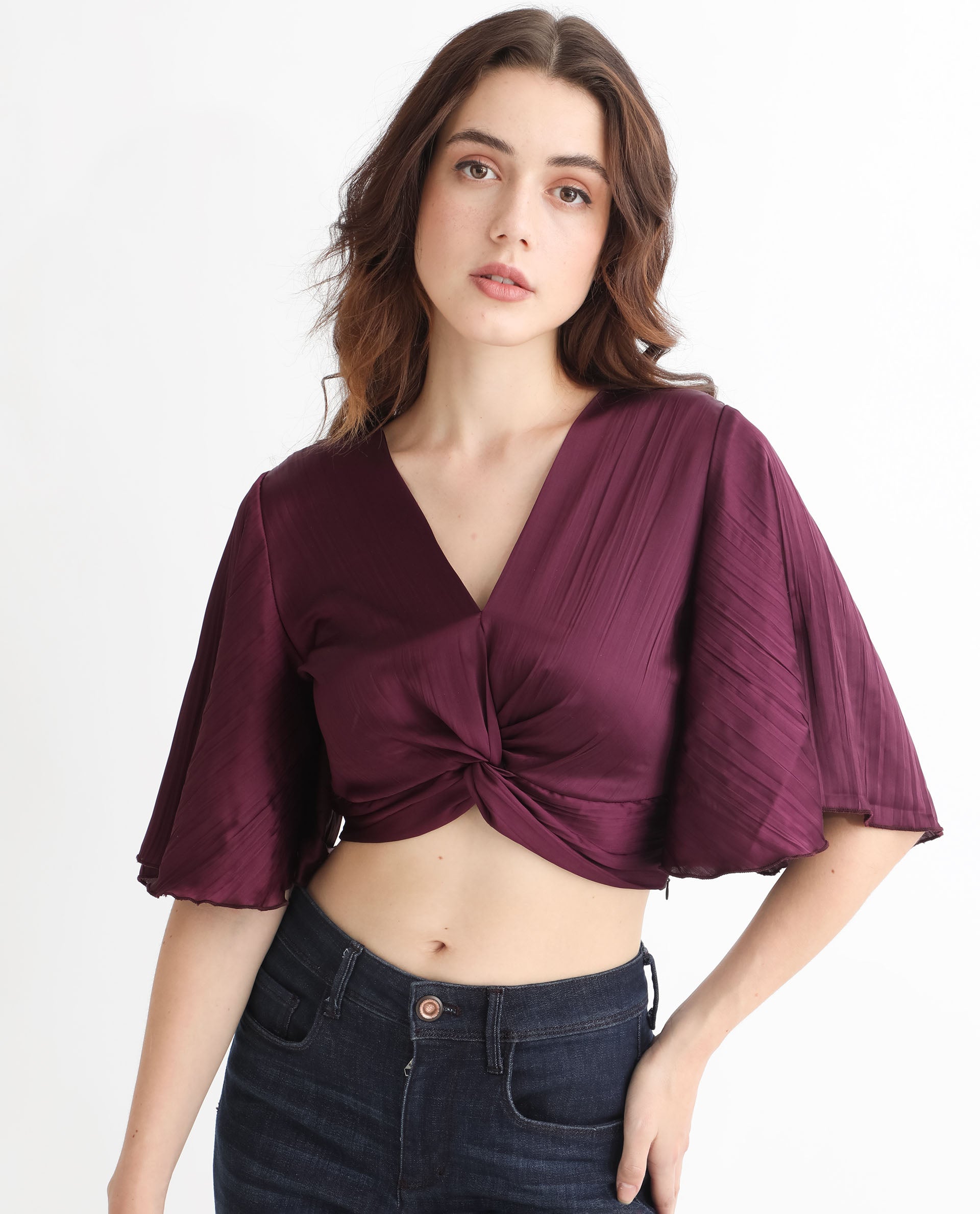 Women'S Ainara Dark Purple Polyester Fabric Regular Fit Cropped V-Neck Half Sleeves Solid Top