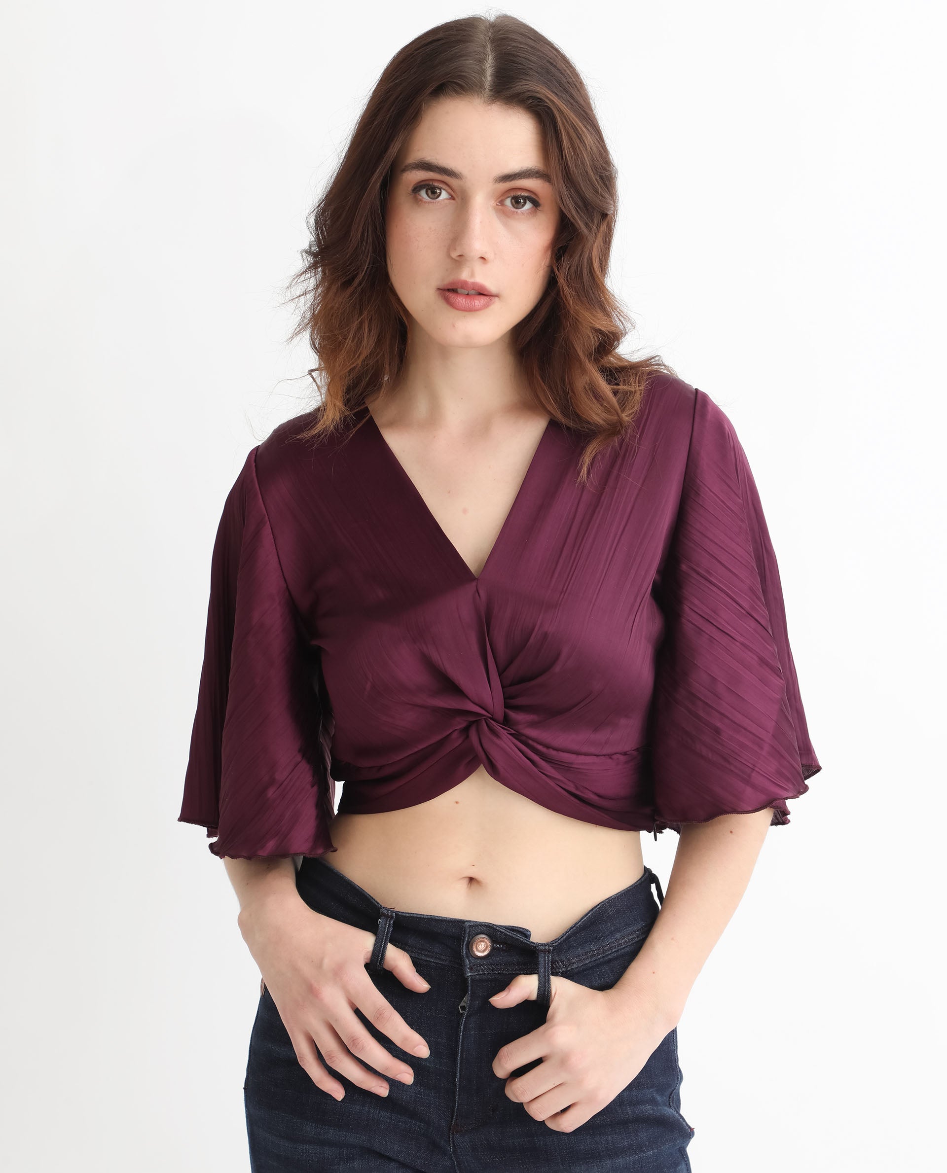 Women'S Ainara Dark Purple Polyester Fabric Regular Fit Cropped V-Neck Half Sleeves Solid Top