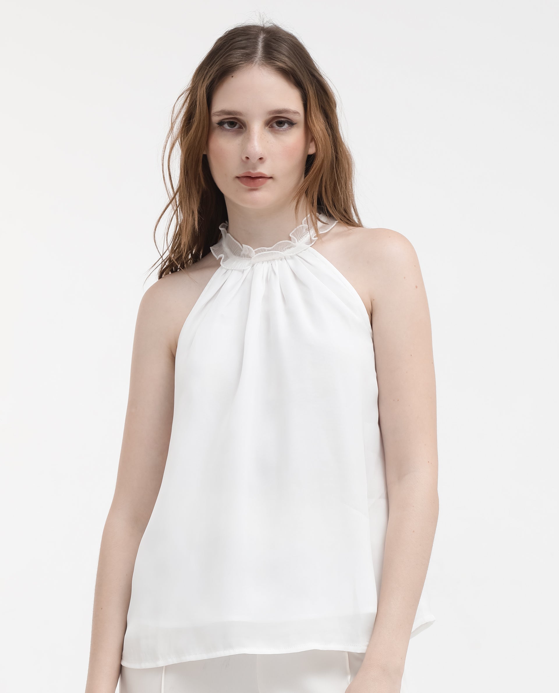 Women'S Akane White Polyester Fabric Halter neck Sleeveless Round Neck Solid Top