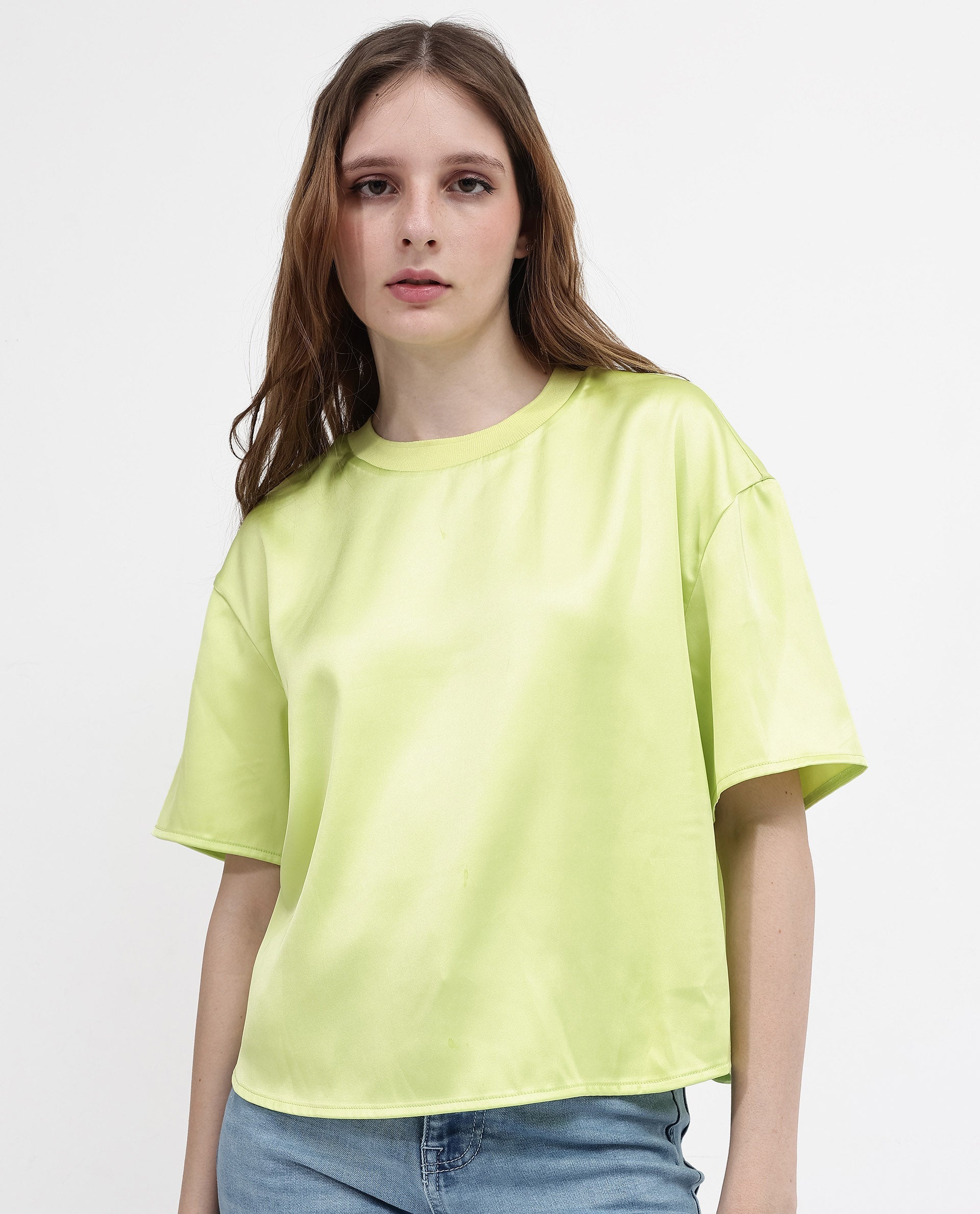 Women'S Akiya Green Polyester Fabric Short Sleeve Top with Ribbed Neck