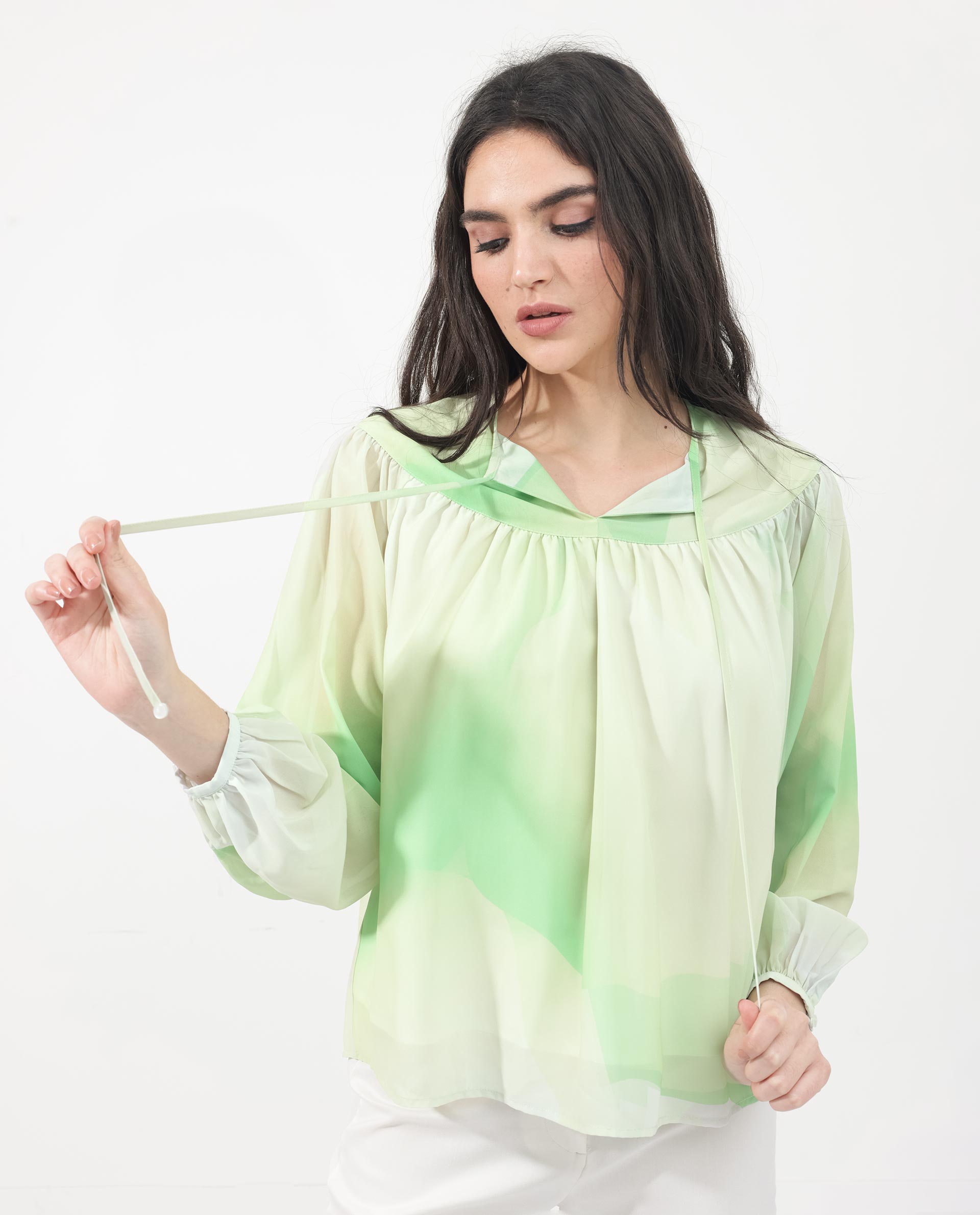 Women'S Alic Green Polyester Fabric Full Sleeve Round Neck Top