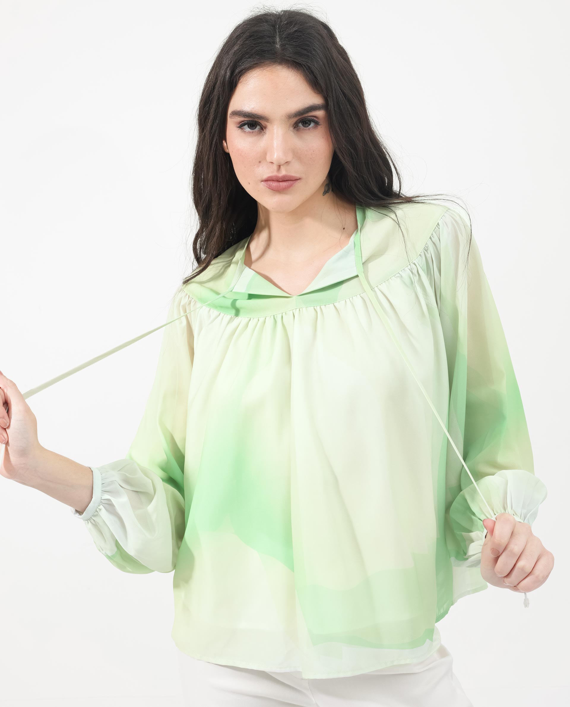 Women'S Alic Green Polyester Fabric Full Sleeve Round Neck Top