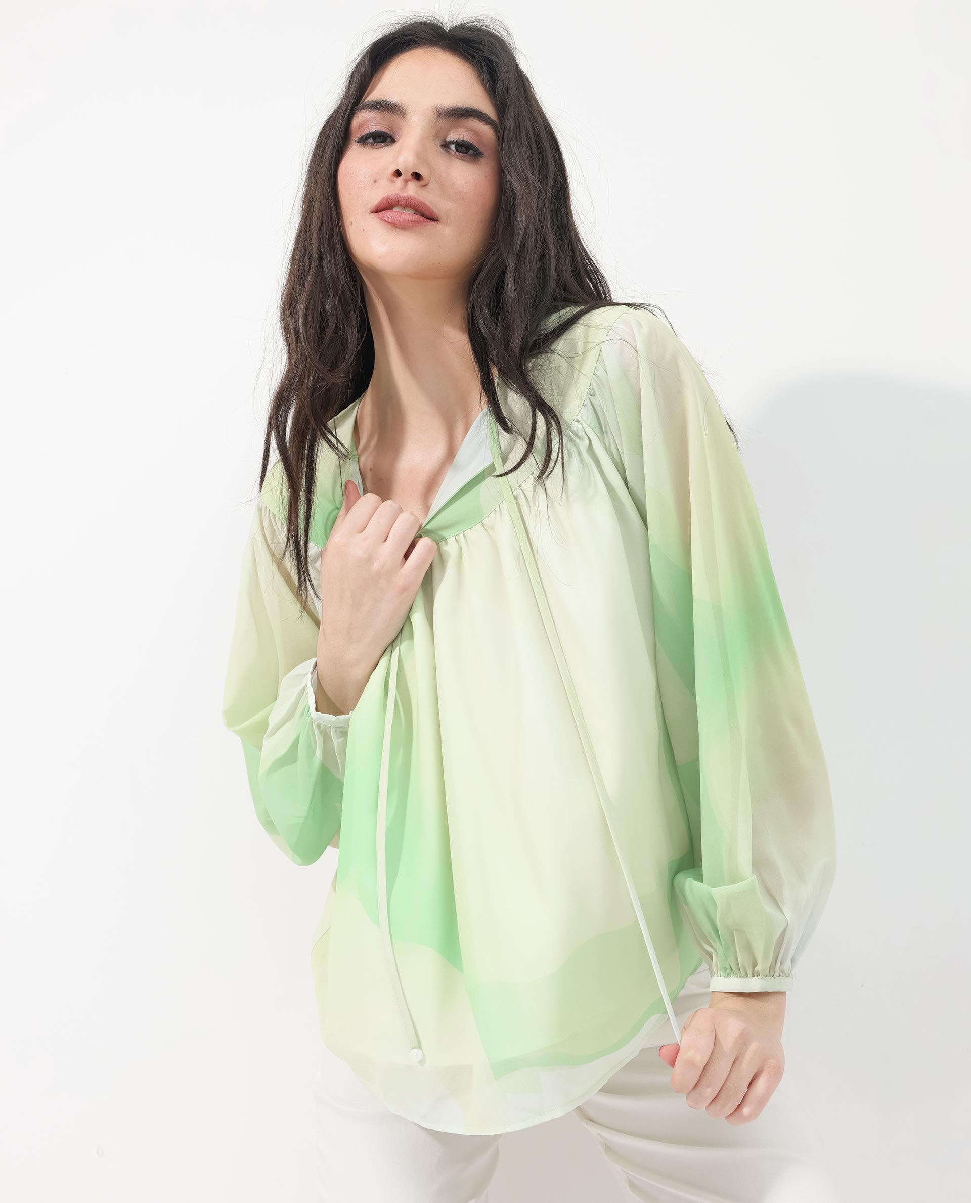 Women'S Alic Green Polyester Fabric Full Sleeve Round Neck Top