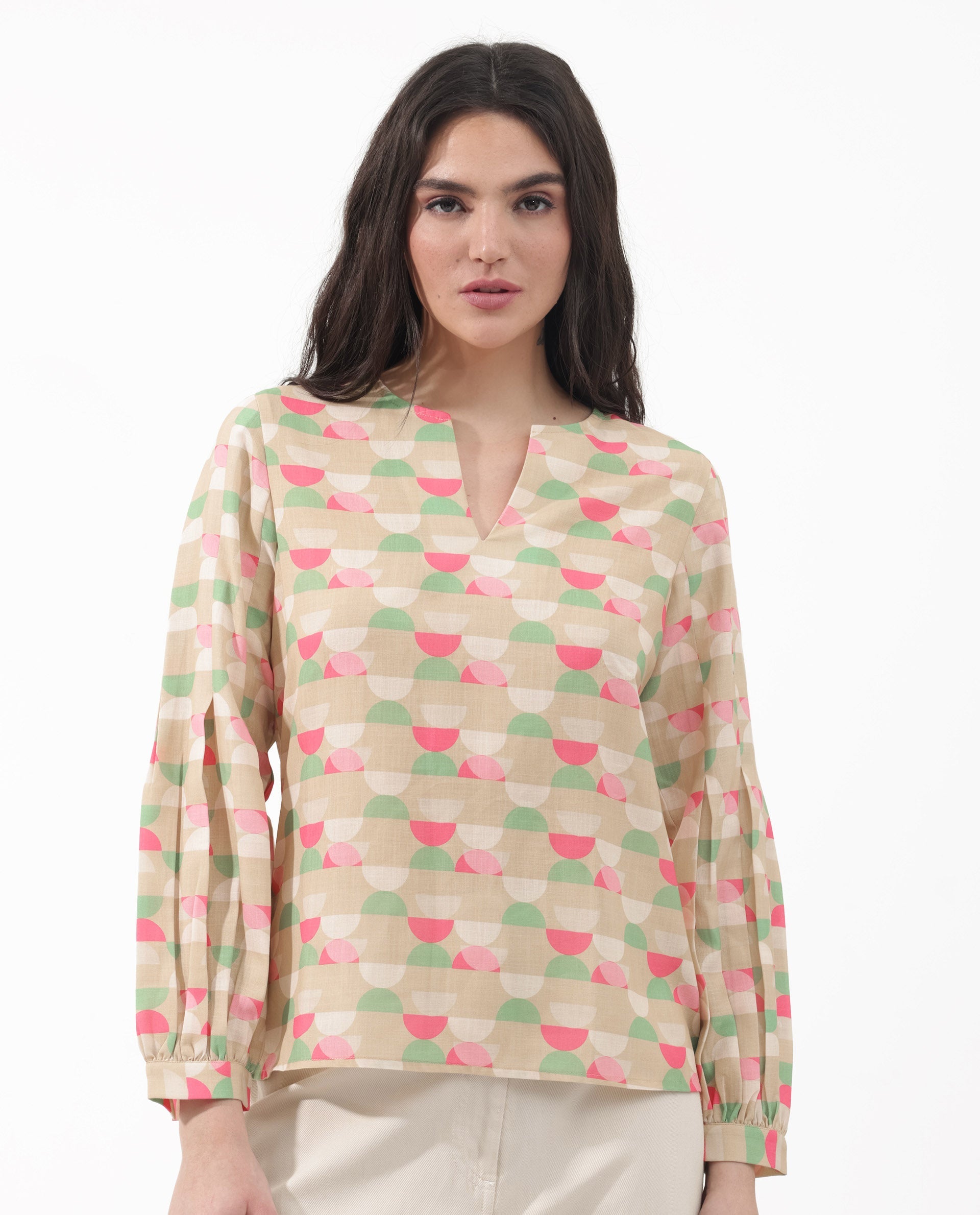 Women'S Amaris Multi Linen Fabric Full Sleeve V-Neck Button Closure Geometric Print Regular Fit Top