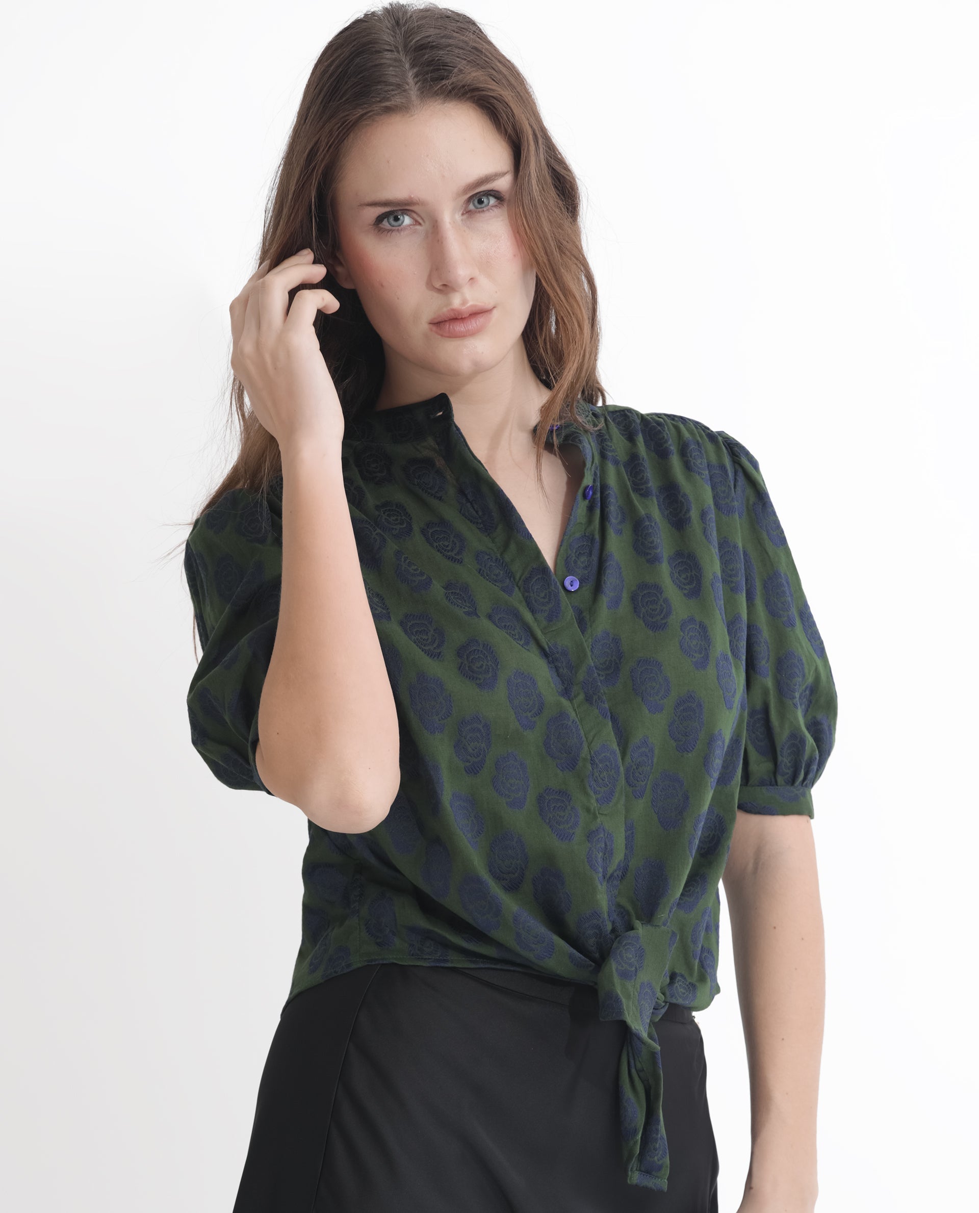 Women'S Andle Dusky Green Polyester Fabric Short Sleeves Button Closure High Neck Puff Sleeve Regular Fit Floral Print Top