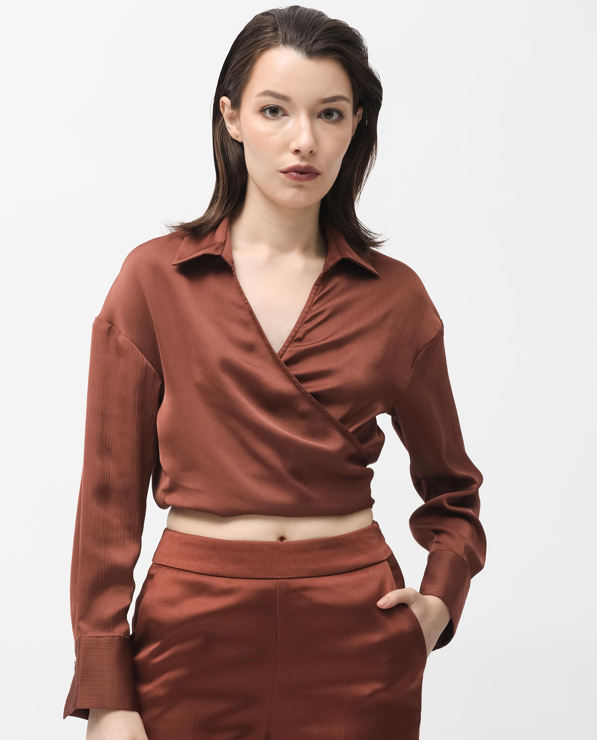 Women'S Andreala Dark Brown Polyester Fabric Full Sleeves Johnny Collar Regular Fit Plain Top