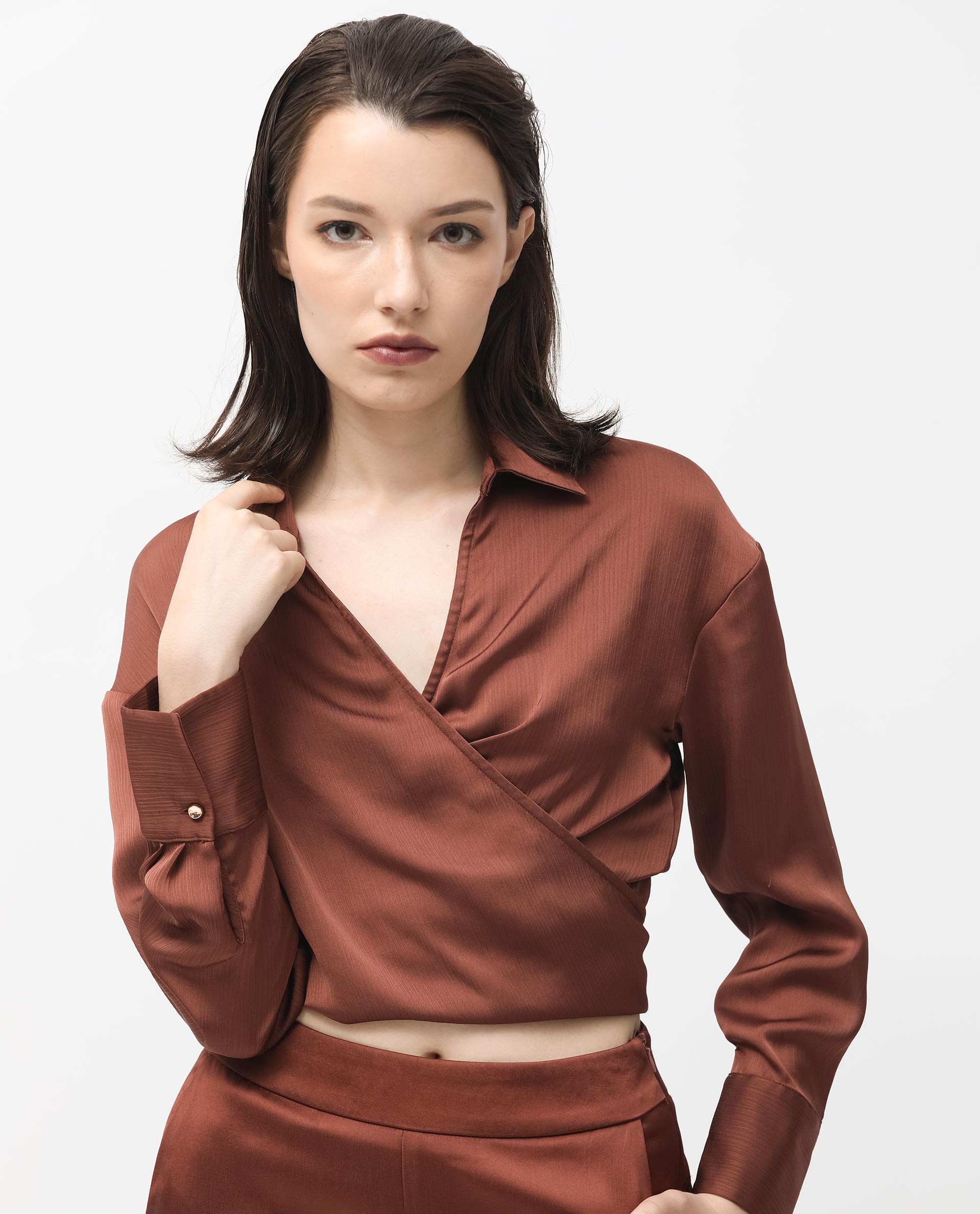 Women'S Andreala Dark Brown Polyester Fabric Full Sleeves Johnny Collar Regular Fit Plain Top