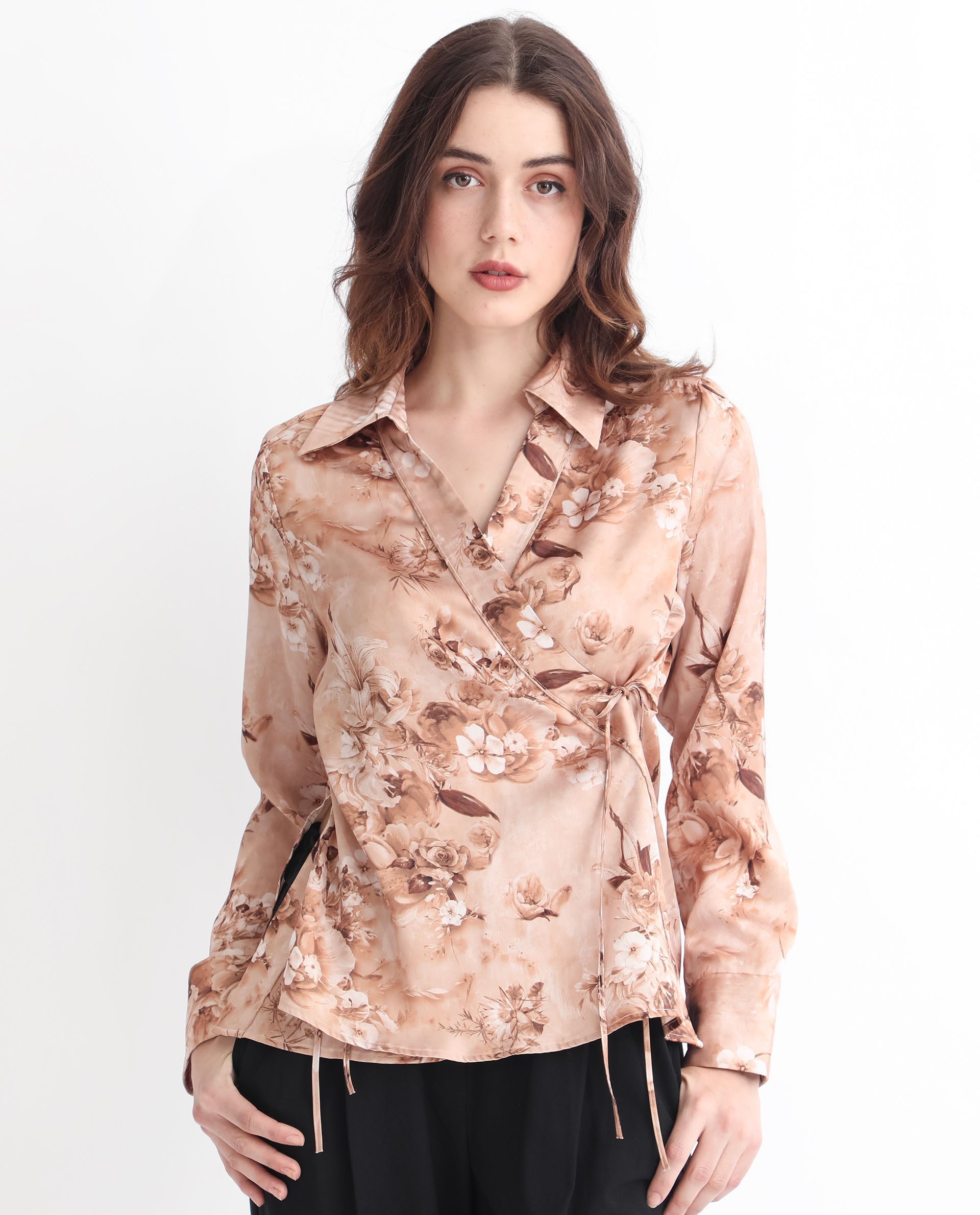 Women'S Arzoo Dusky Beige Polyester Fabric Regular Fit Drop Collar Full Sleeves Floral Print Top