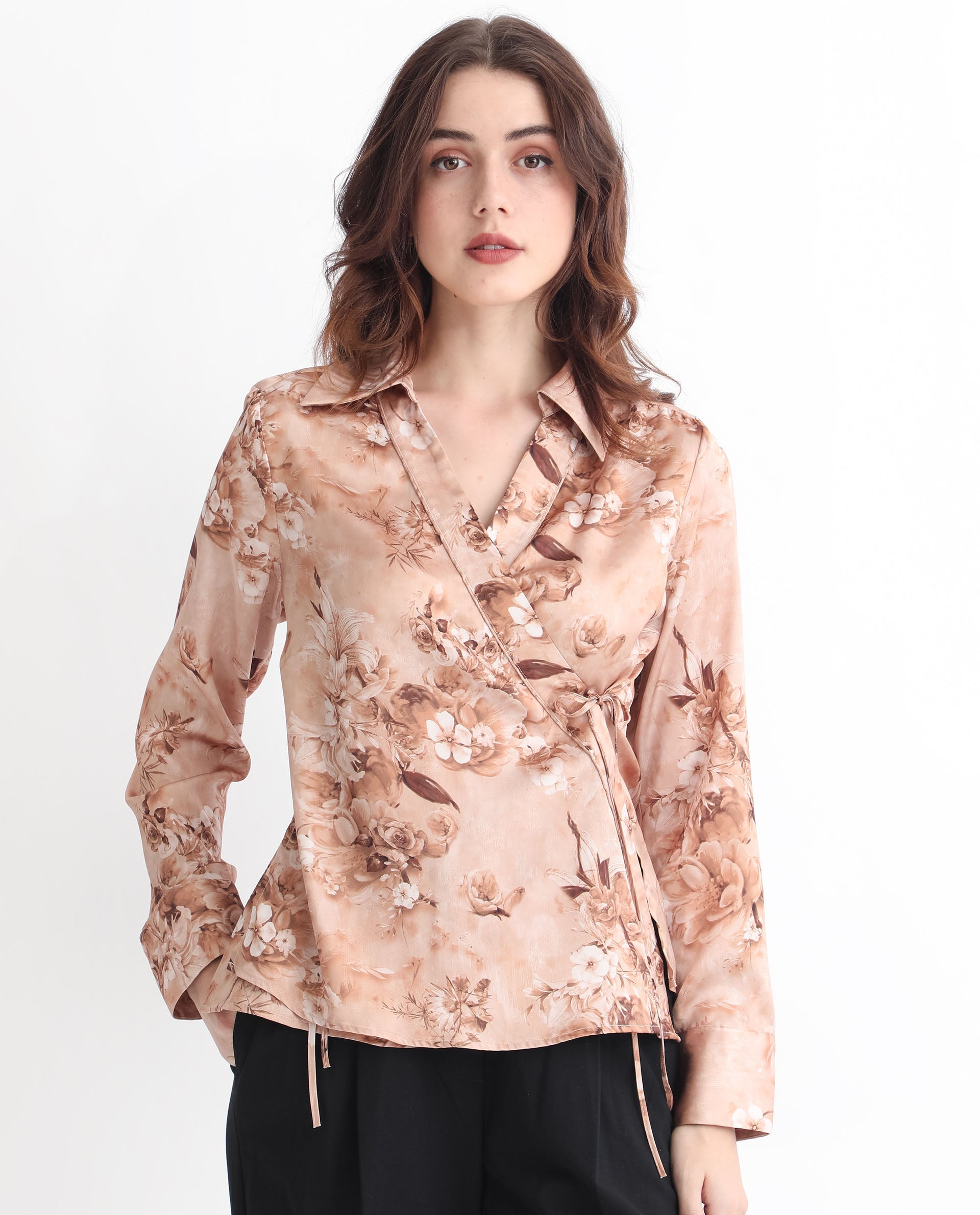 Women'S Arzoo Dusky Beige Polyester Fabric Regular Fit Drop Collar Full Sleeves Floral Print Top