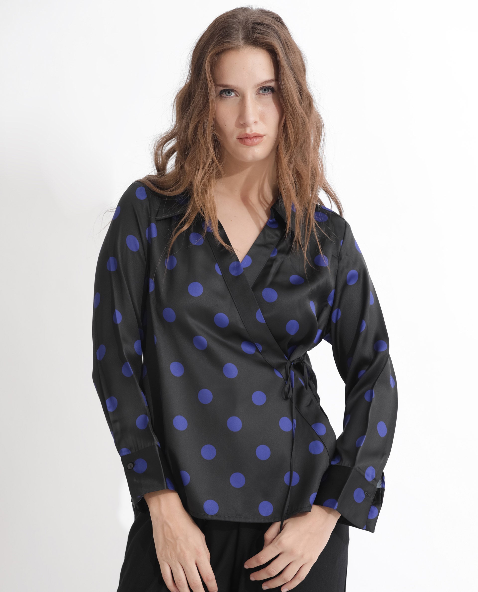 Women'S Arzoo Black Polyester Fabric Regular Fit Drop Collar Full Sleeves Polka Print Top