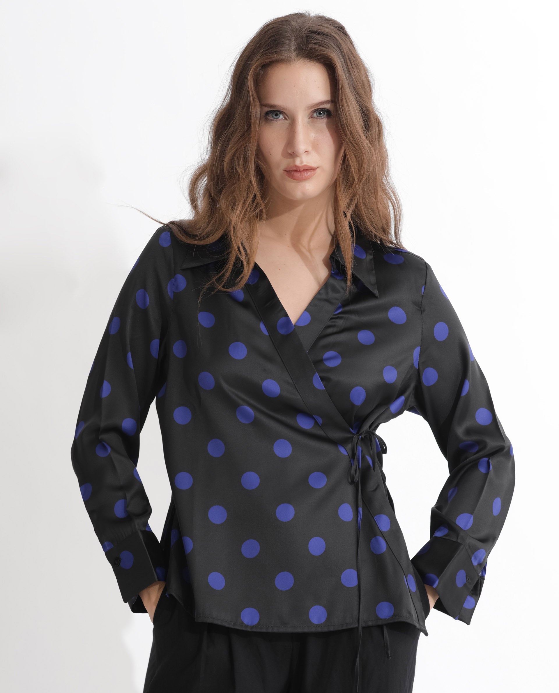 Women'S Arzoo Black Polyester Fabric Regular Fit Drop Collar Full Sleeves Polka Print Top