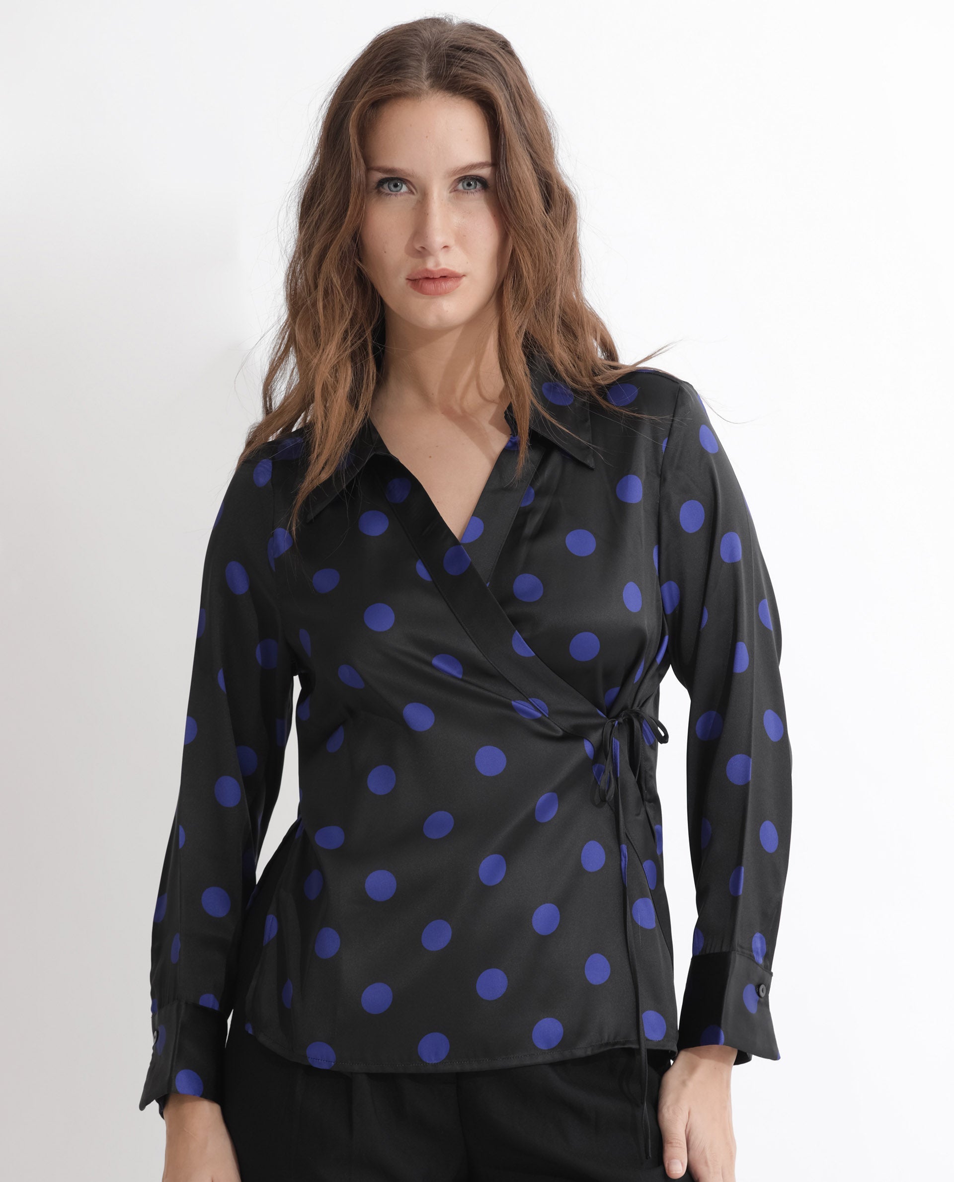 Women'S Arzoo Black Polyester Fabric Regular Fit Drop Collar Full Sleeves Polka Print Top