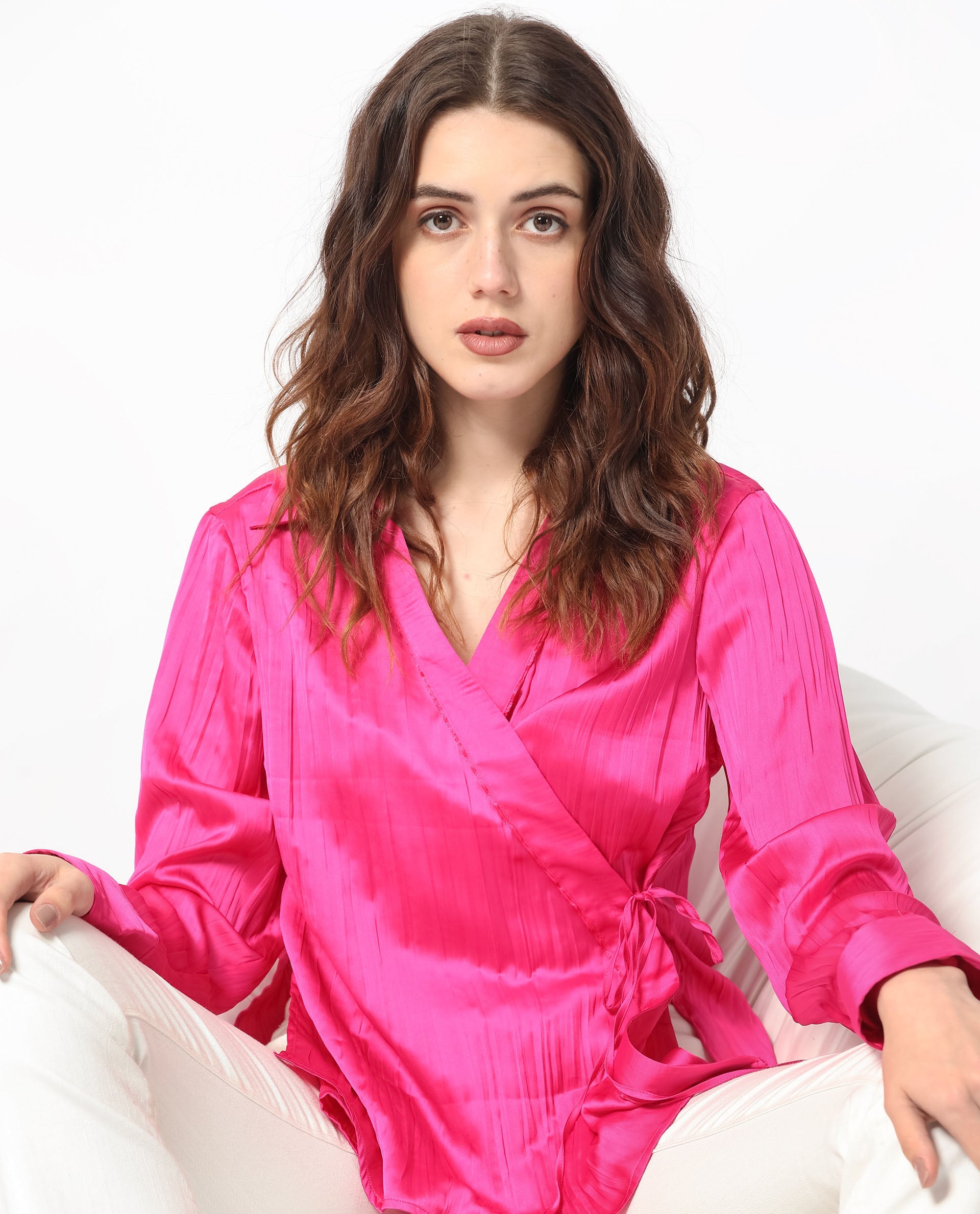 Women'S Arzoo Flouroscent Pink Polyester Fabric Regular Fit Drop Collar Full Sleeves Solid Top