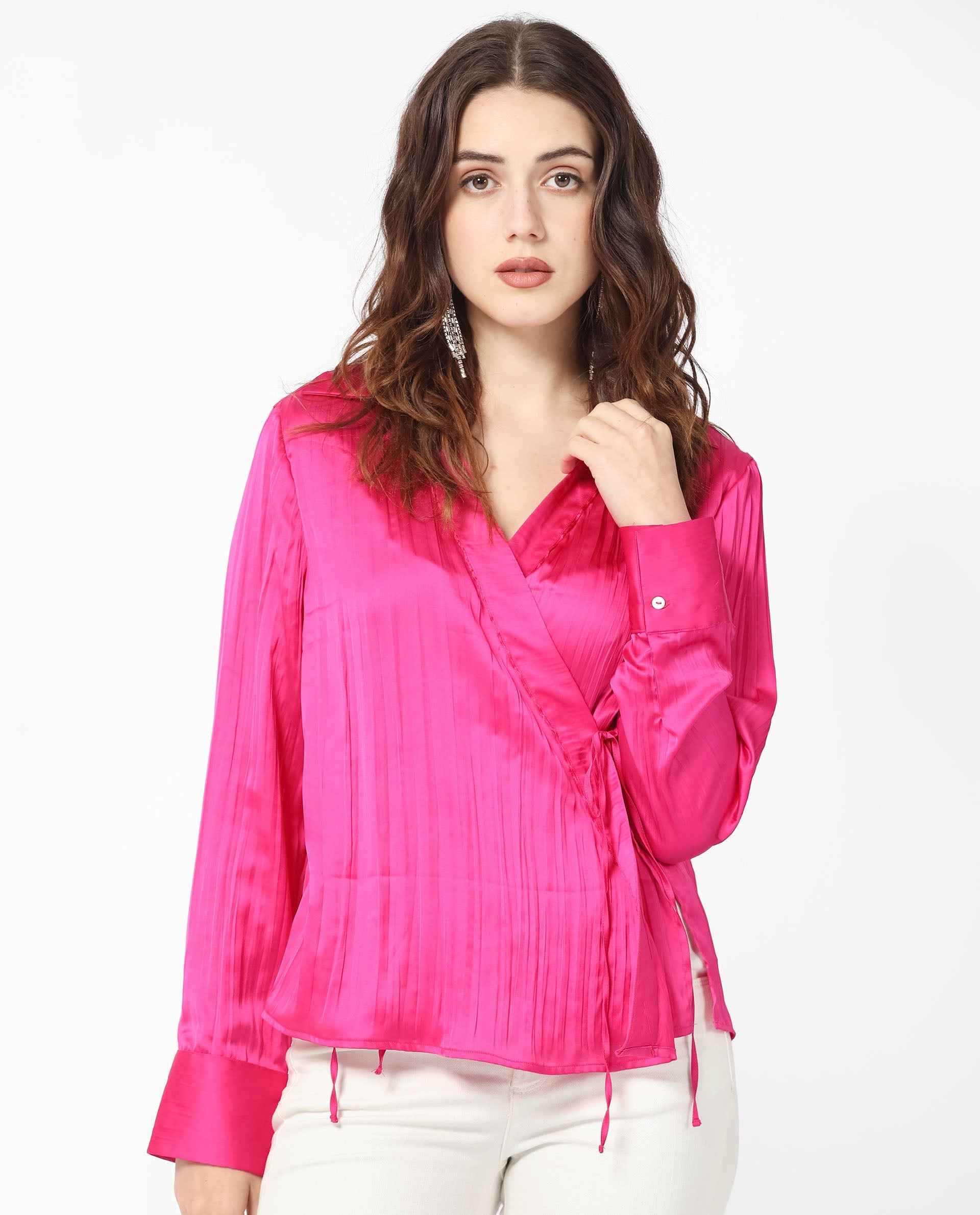 Women'S Arzoo Flouroscent Pink Polyester Fabric Regular Fit Drop Collar Full Sleeves Solid Top