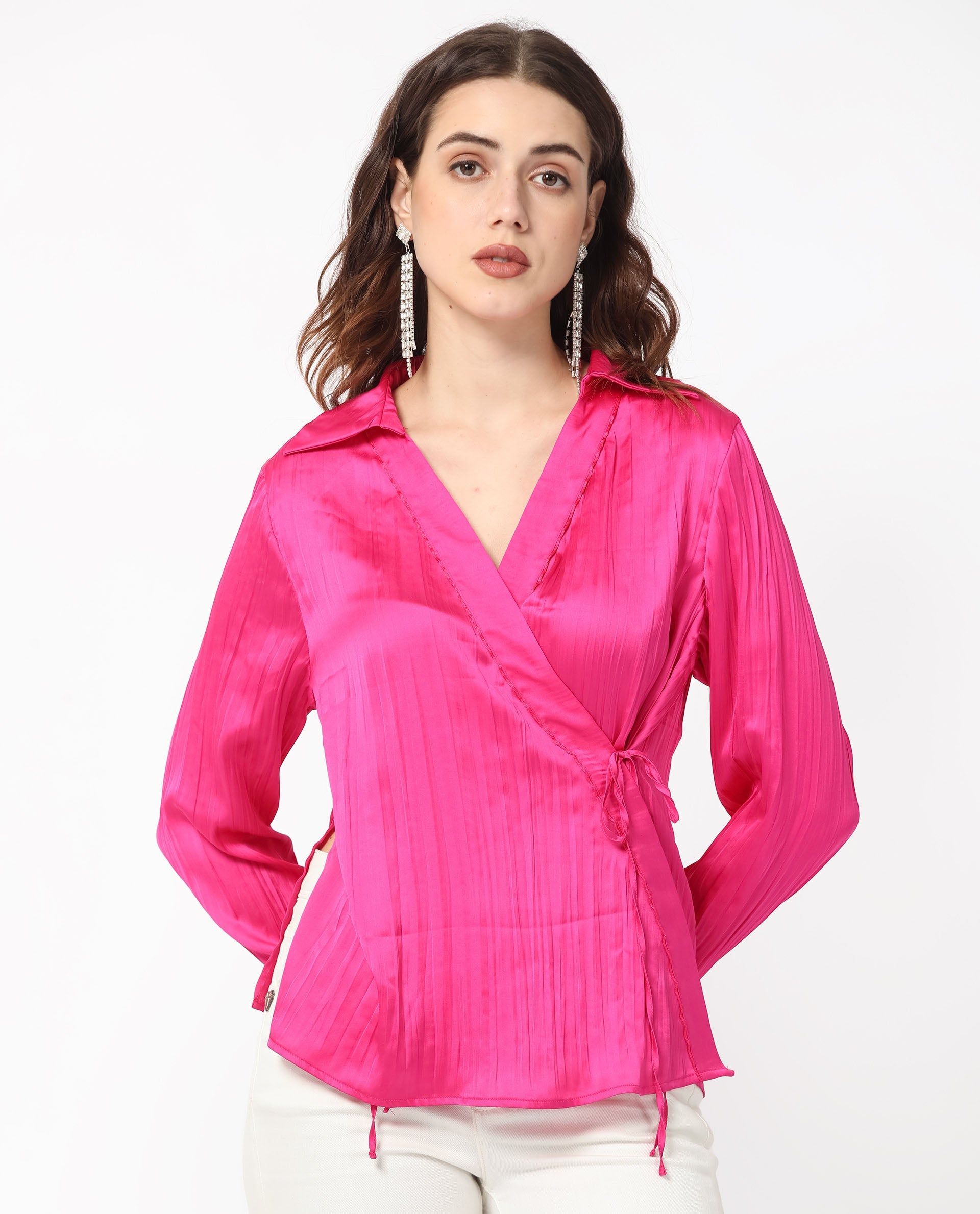 Women'S Arzoo Flouroscent Pink Polyester Fabric Regular Fit Drop Collar Full Sleeves Solid Top