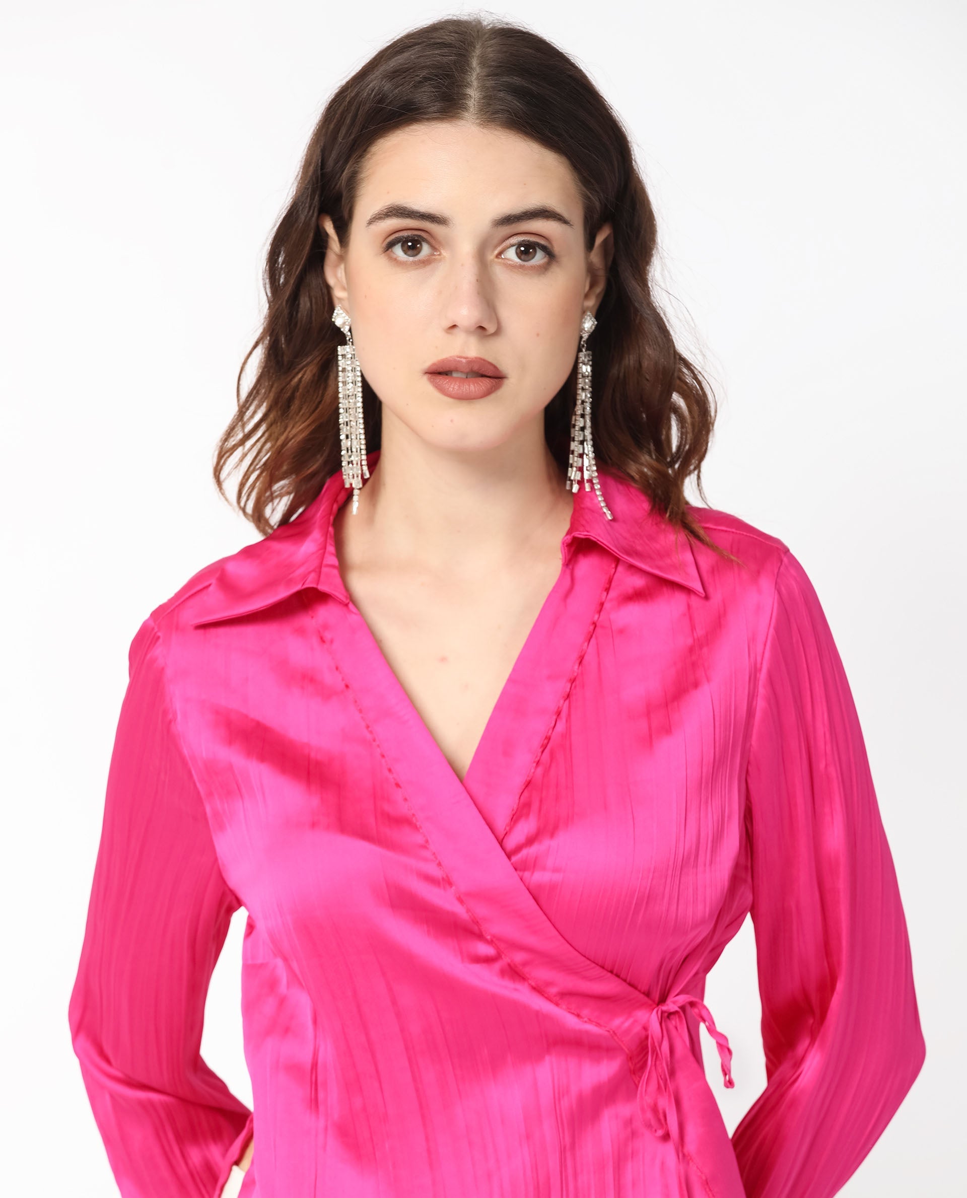 Women'S Arzoo Flouroscent Pink Polyester Fabric Regular Fit Drop Collar Full Sleeves Solid Top