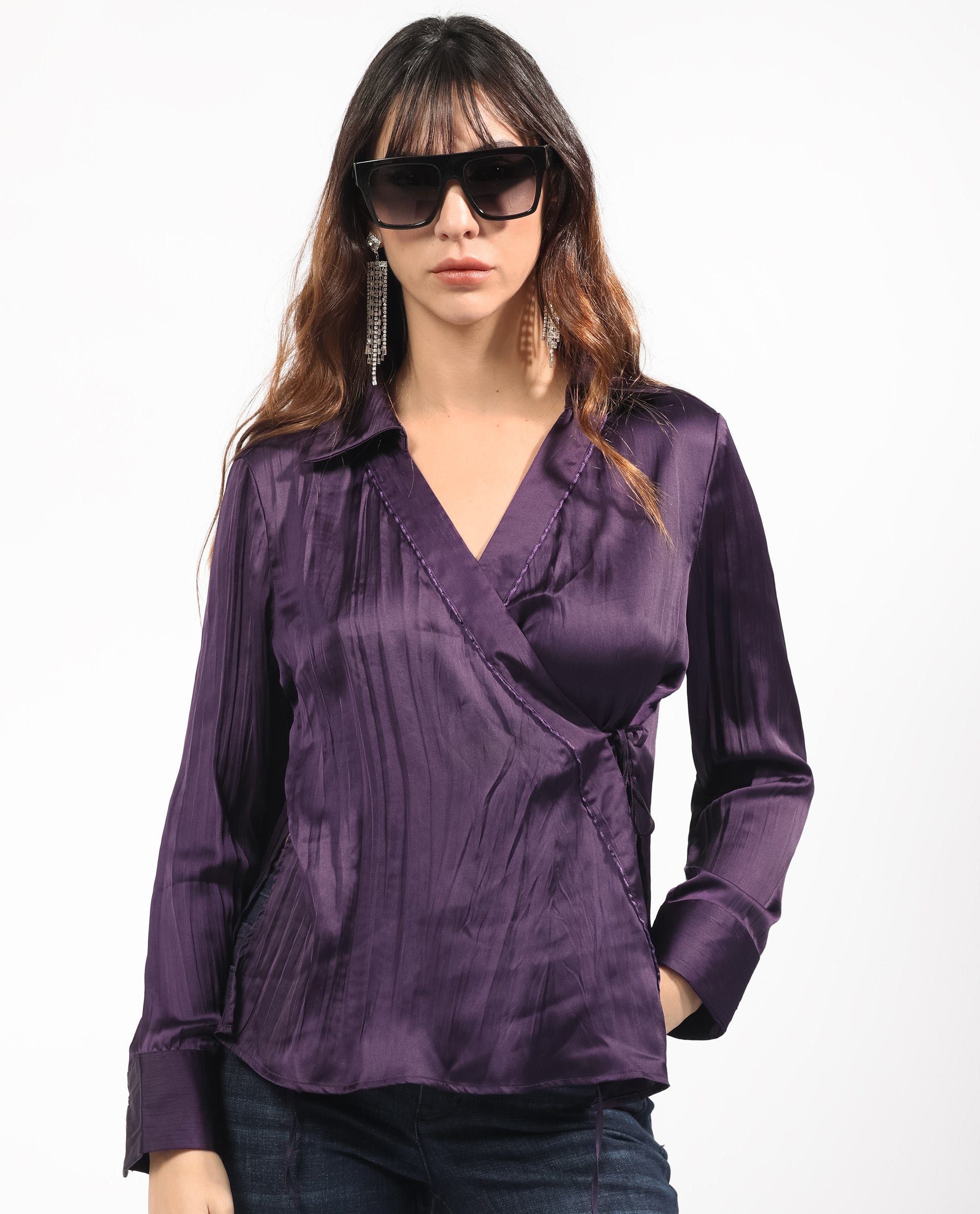 Women'S Arzoo Purple Polyester Fabric Regular Fit Drop Collar Full Sleeves Solid Top