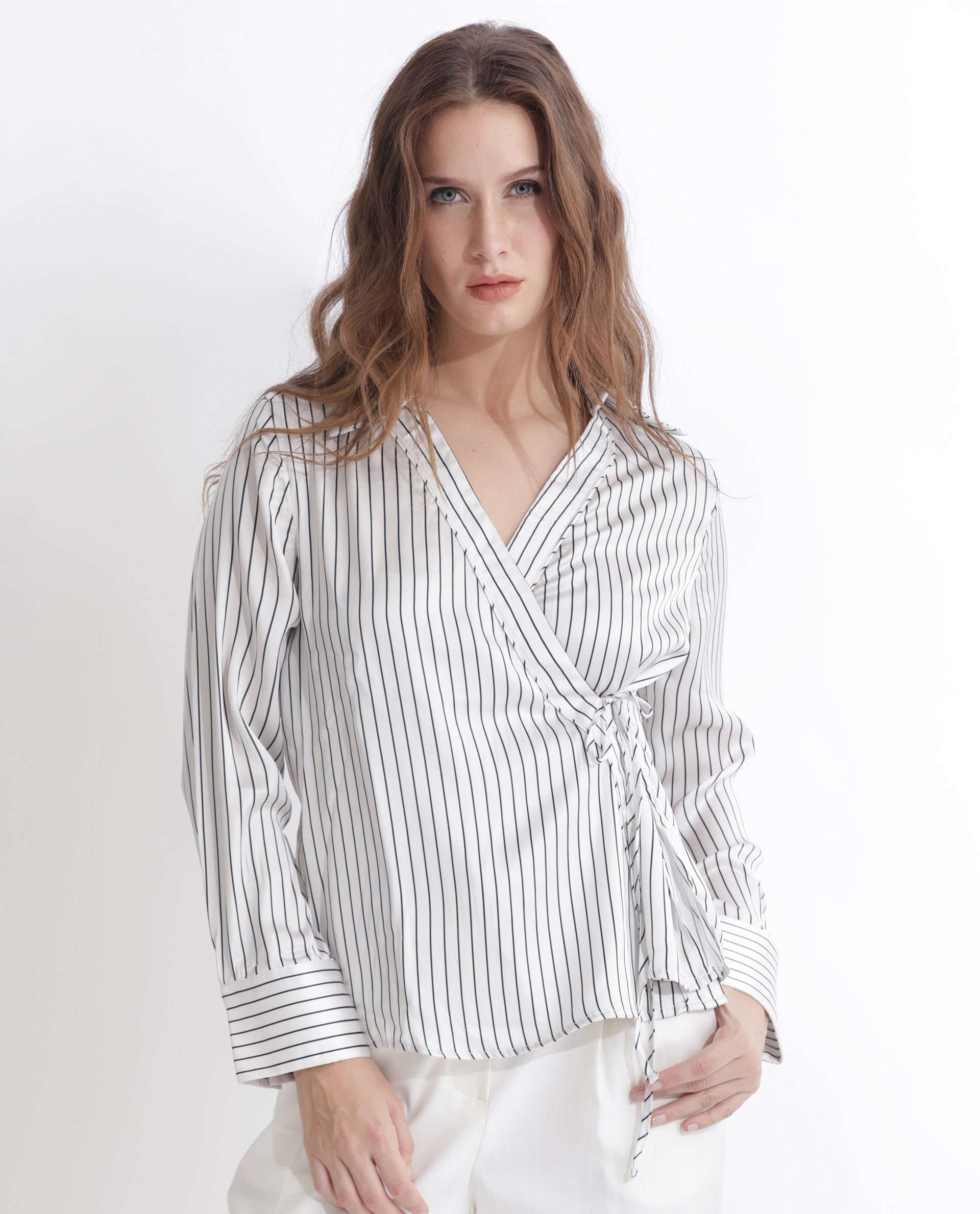 Women'S Arzoo White Polyester Fabric Full Sleeves Tie-Up Closure Johnny Collar Regular Fit Striped Top