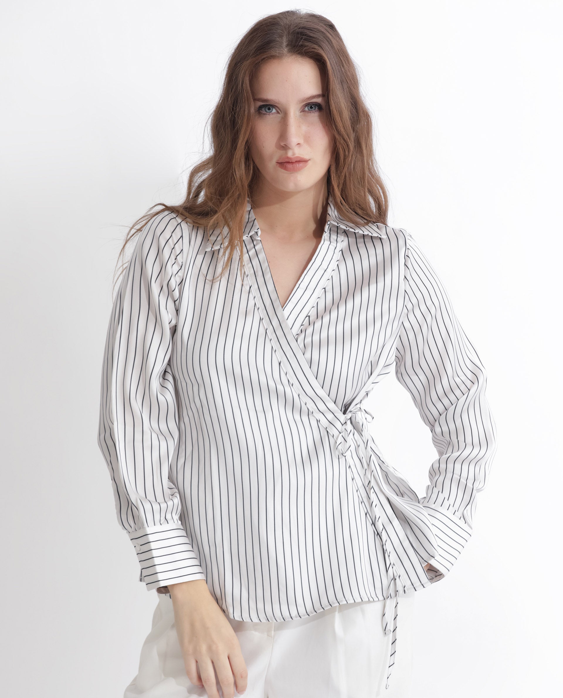 Women'S Arzoo White Polyester Fabric Full Sleeves Tie-Up Closure Johnny Collar Regular Fit Striped Top