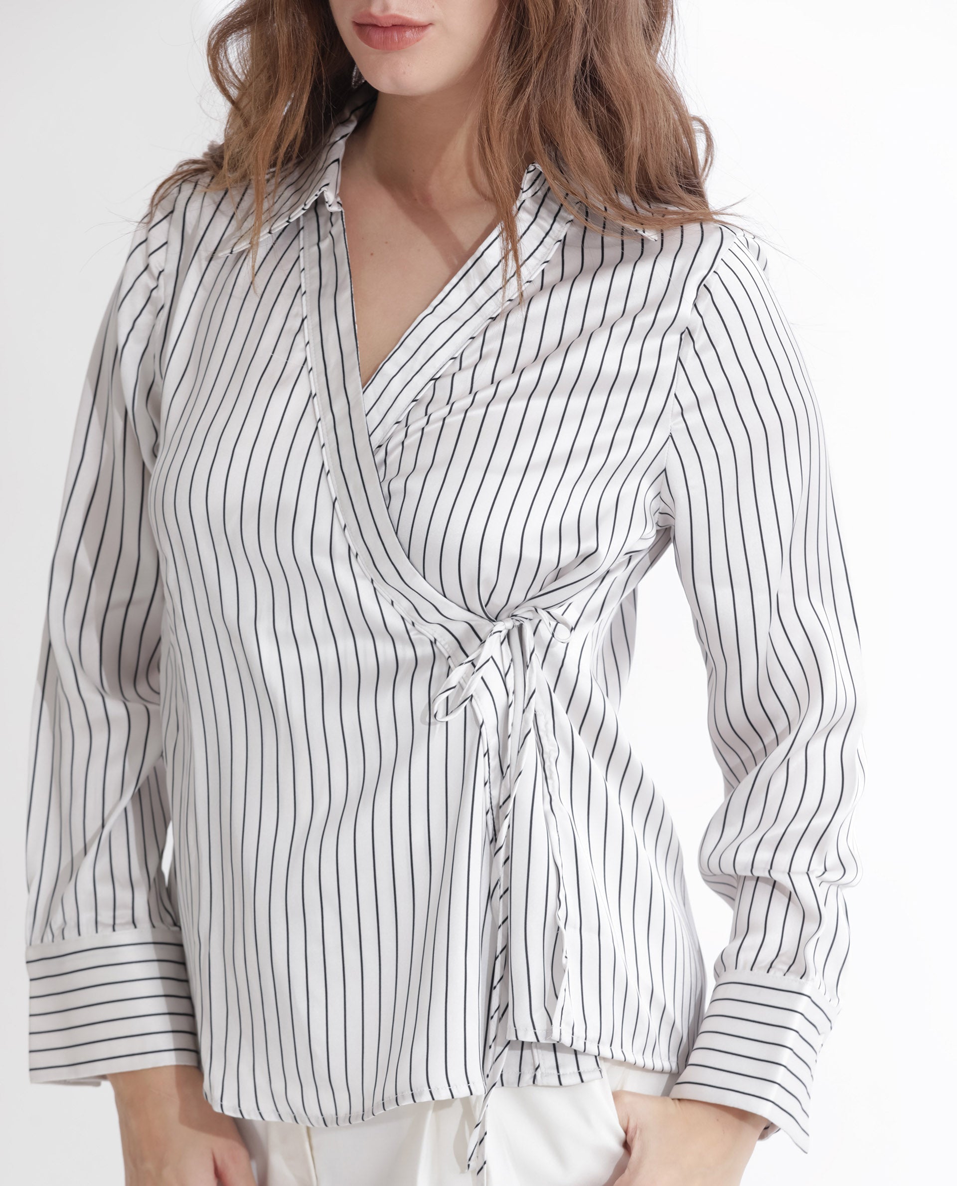 Women'S Arzoo White Polyester Fabric Full Sleeves Tie-Up Closure Johnny Collar Regular Fit Striped Top