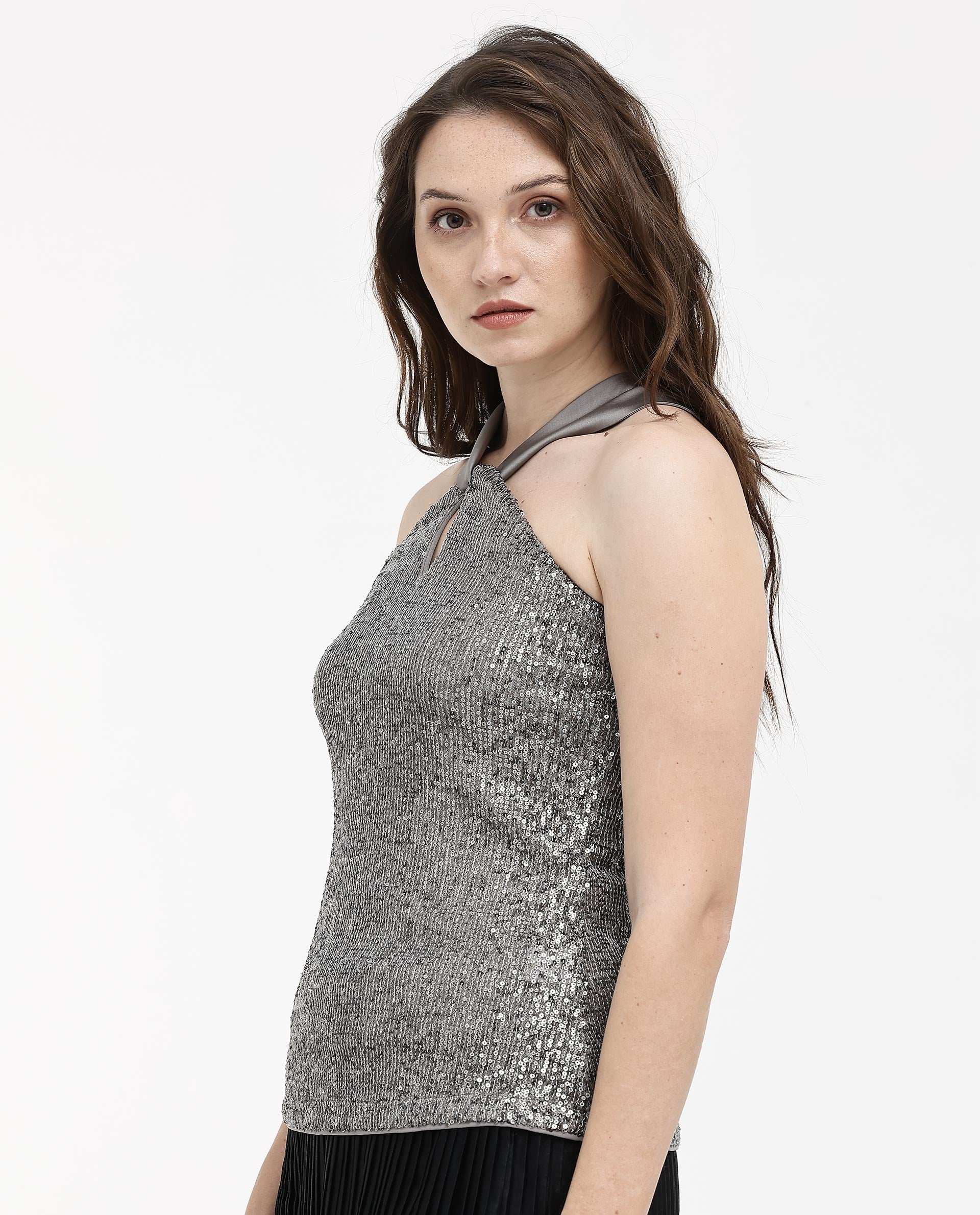 Womens Aviv Metallic Grey Top Cotton Elastane Sleeveless Sequined