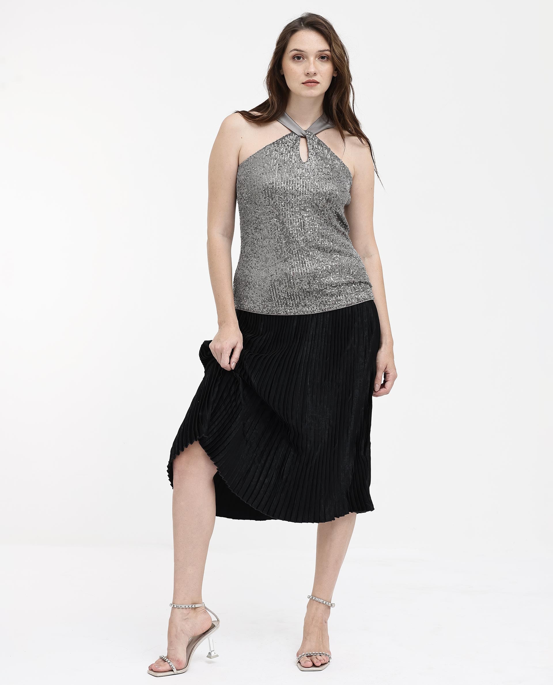 Womens Aviv Metallic Grey Top Cotton Elastane Sleeveless Sequined