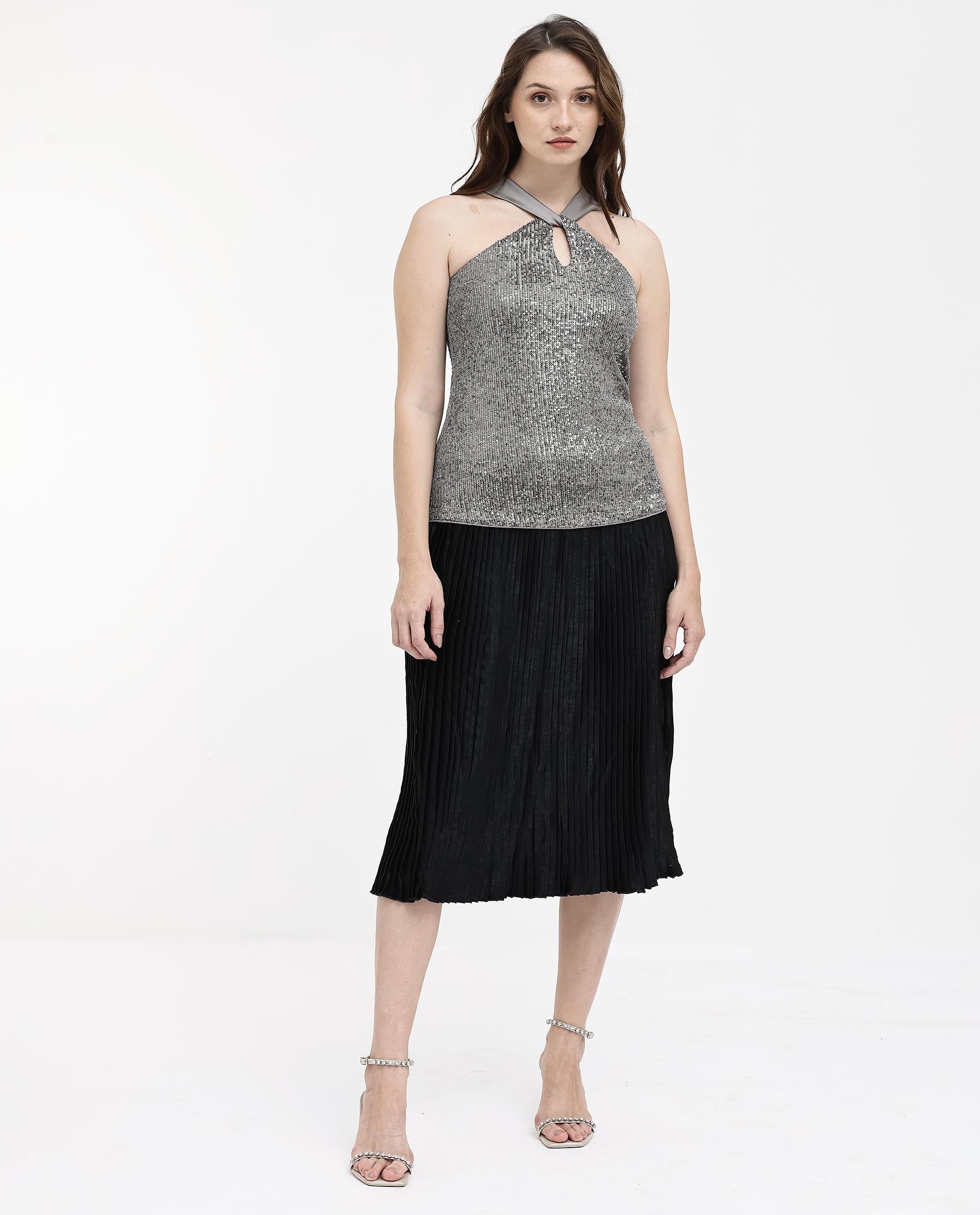 Womens Aviv Metallic Grey Top Cotton Elastane Sleeveless Sequined