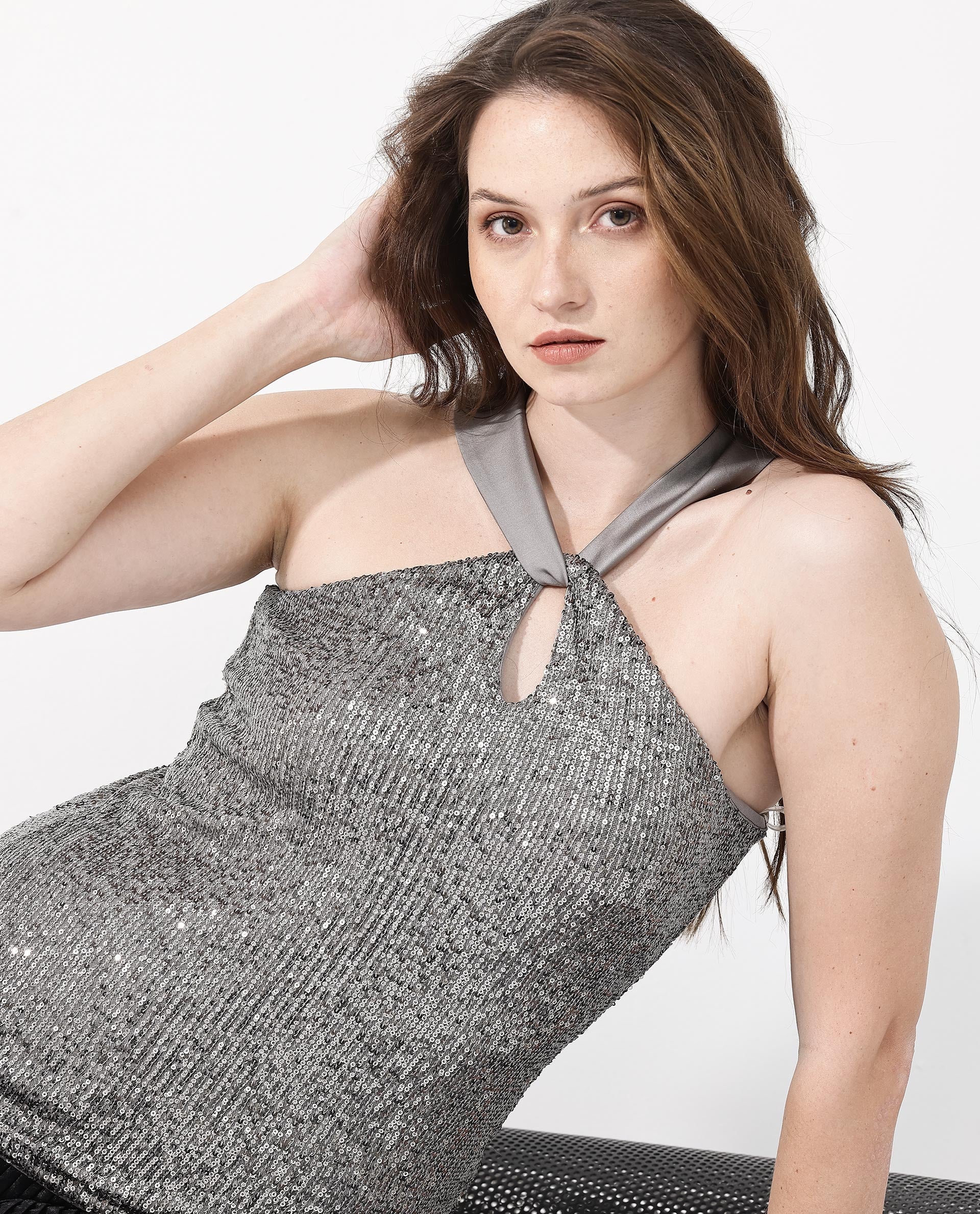 Womens Aviv Metallic Grey Top Cotton Elastane Sleeveless Sequined