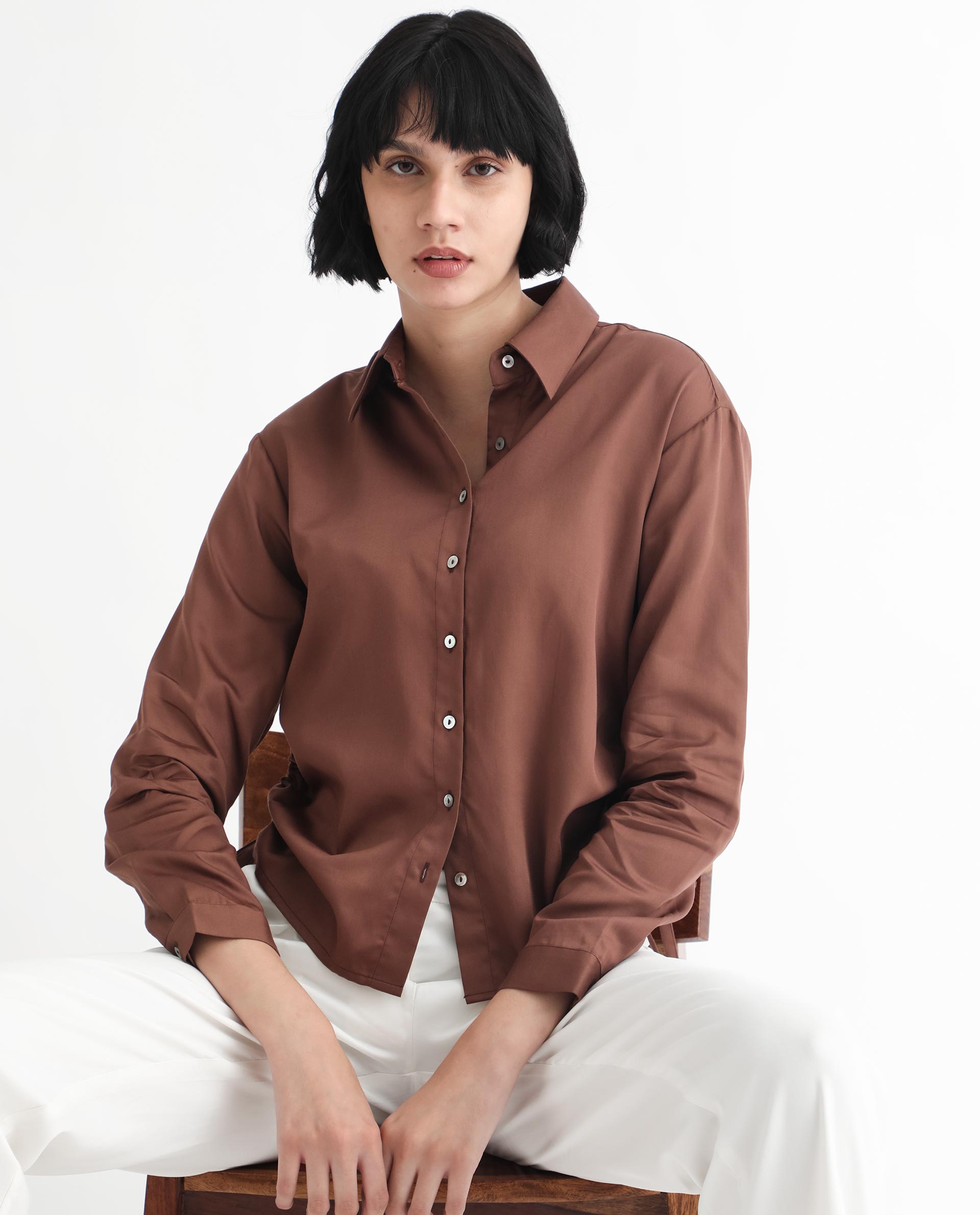 Women'S Avocado Brown Cotton Fabric Regular Fit Shirt Collar Full Sleeves Solid Top