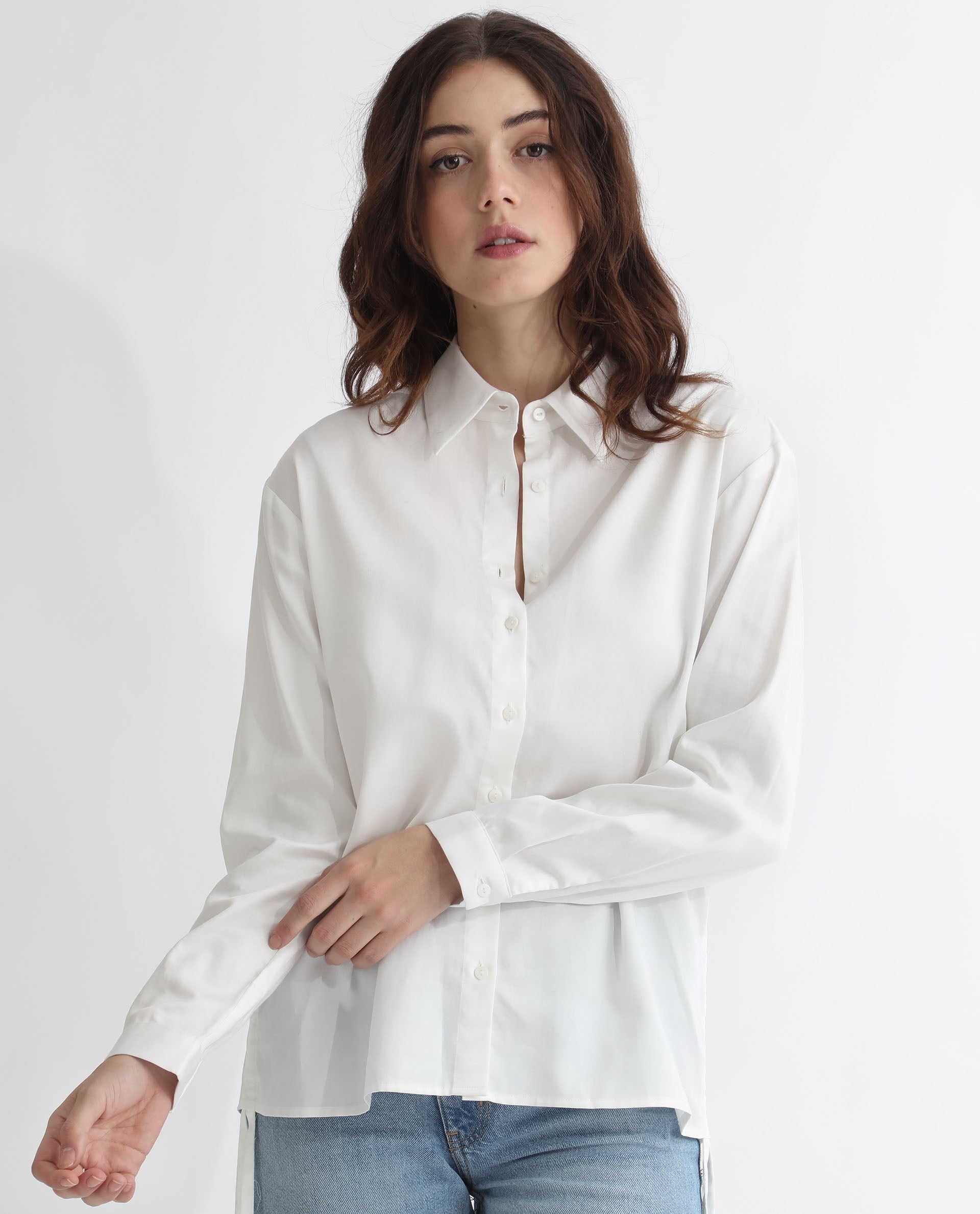 Women'S Avocado Off White Cotton Fabric Regular Fit Shirt Collar Full Sleeves Solid Top