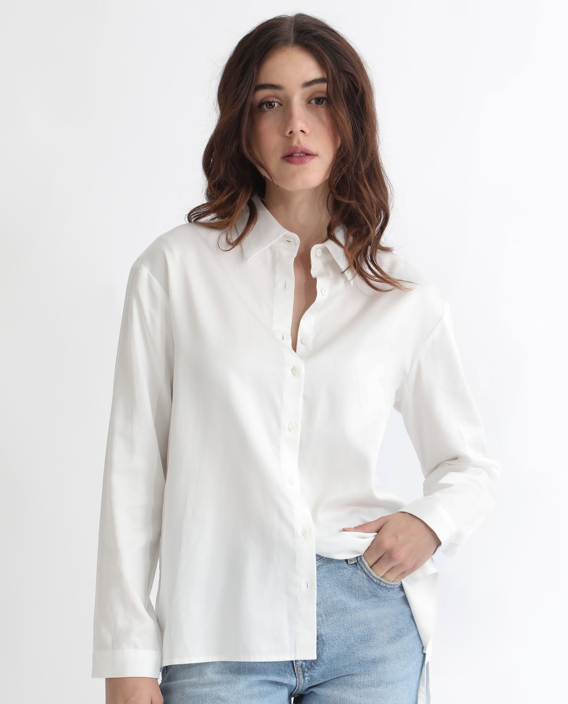 Women'S Avocado Off White Cotton Fabric Regular Fit Shirt Collar Full Sleeves Solid Top