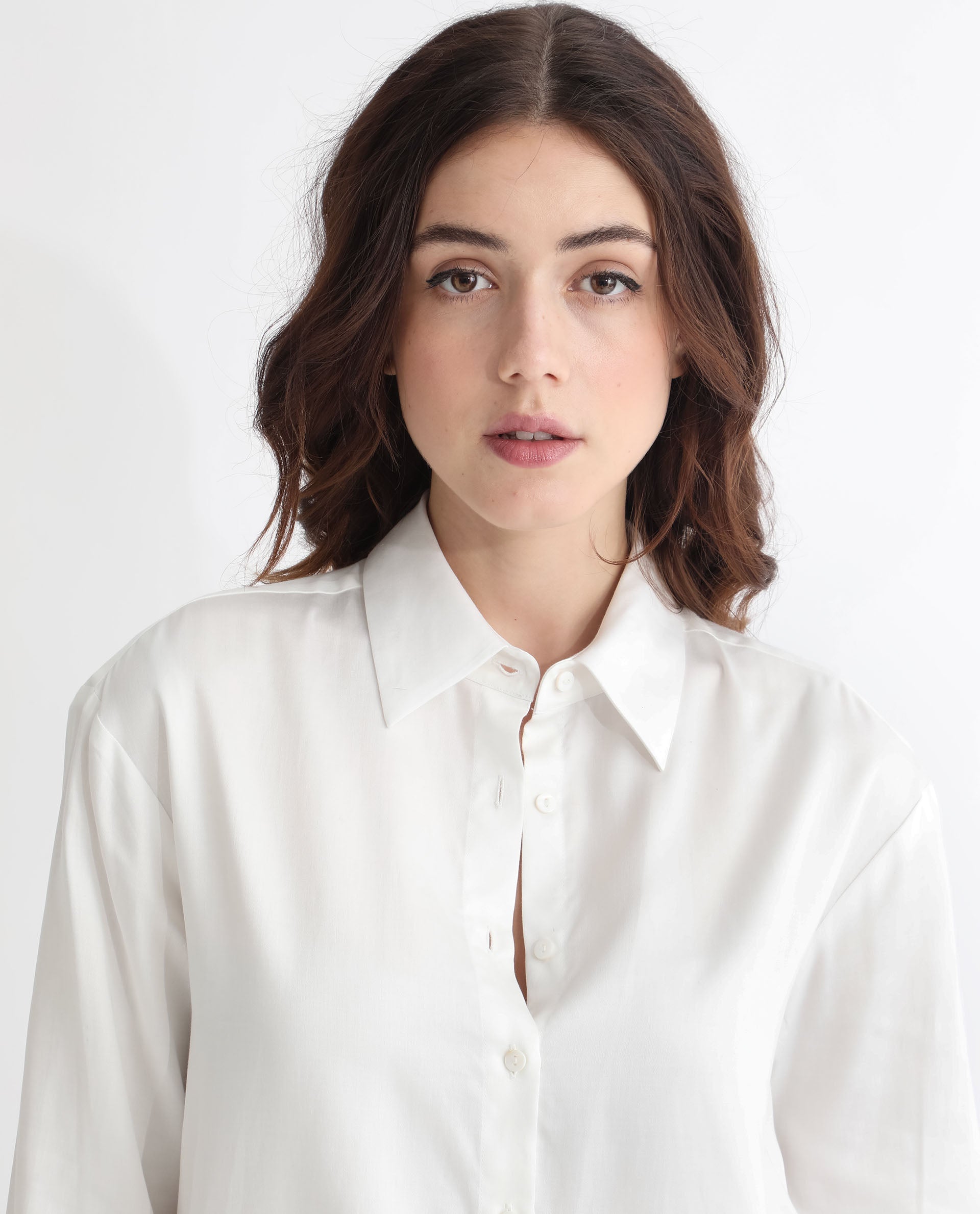 Women'S Avocado Off White Cotton Fabric Regular Fit Shirt Collar Full Sleeves Solid Top