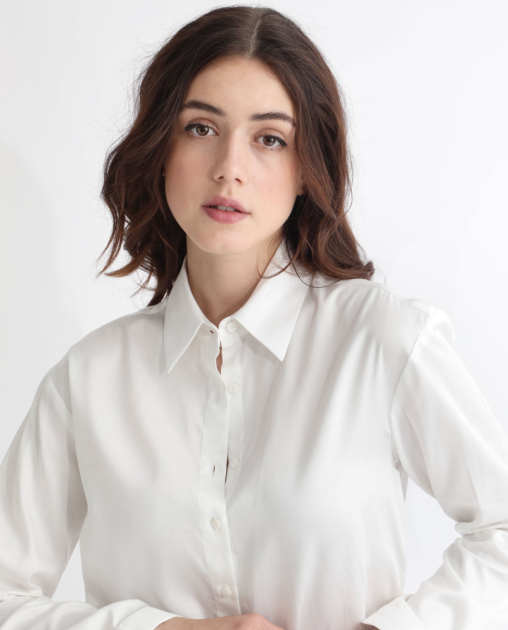 Women'S Avocado Off White Cotton Fabric Regular Fit Shirt Collar Full Sleeves Solid Top