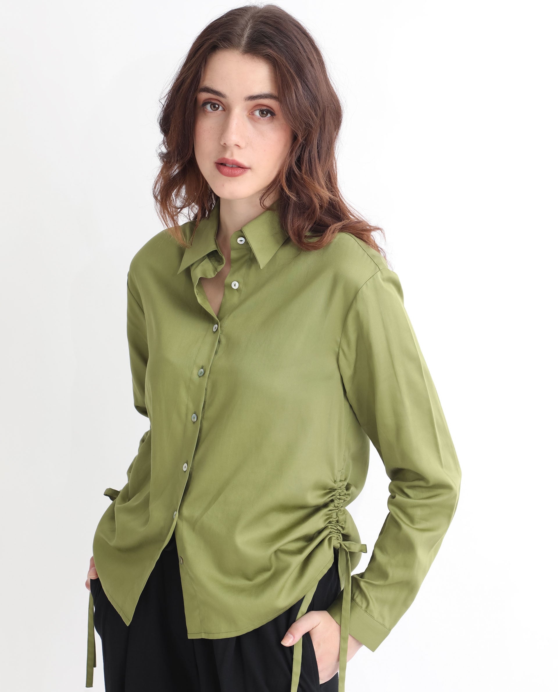 Women'S Avocado Olive Cotton Fabric Regular Fit Shirt Collar Full Sleeves Solid Top