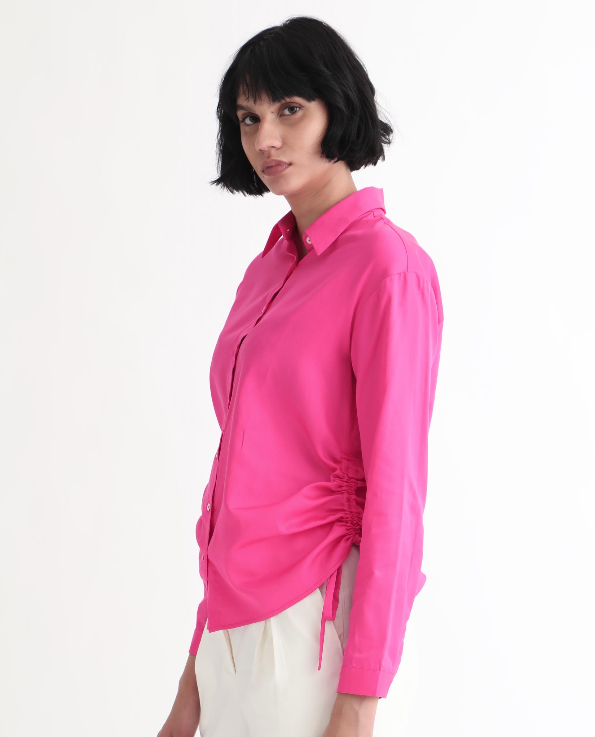 Women'S Avocado Pink Cotton Fabric Full Sleeves Button Closure Shirt Collar Regular Fit Plain Top