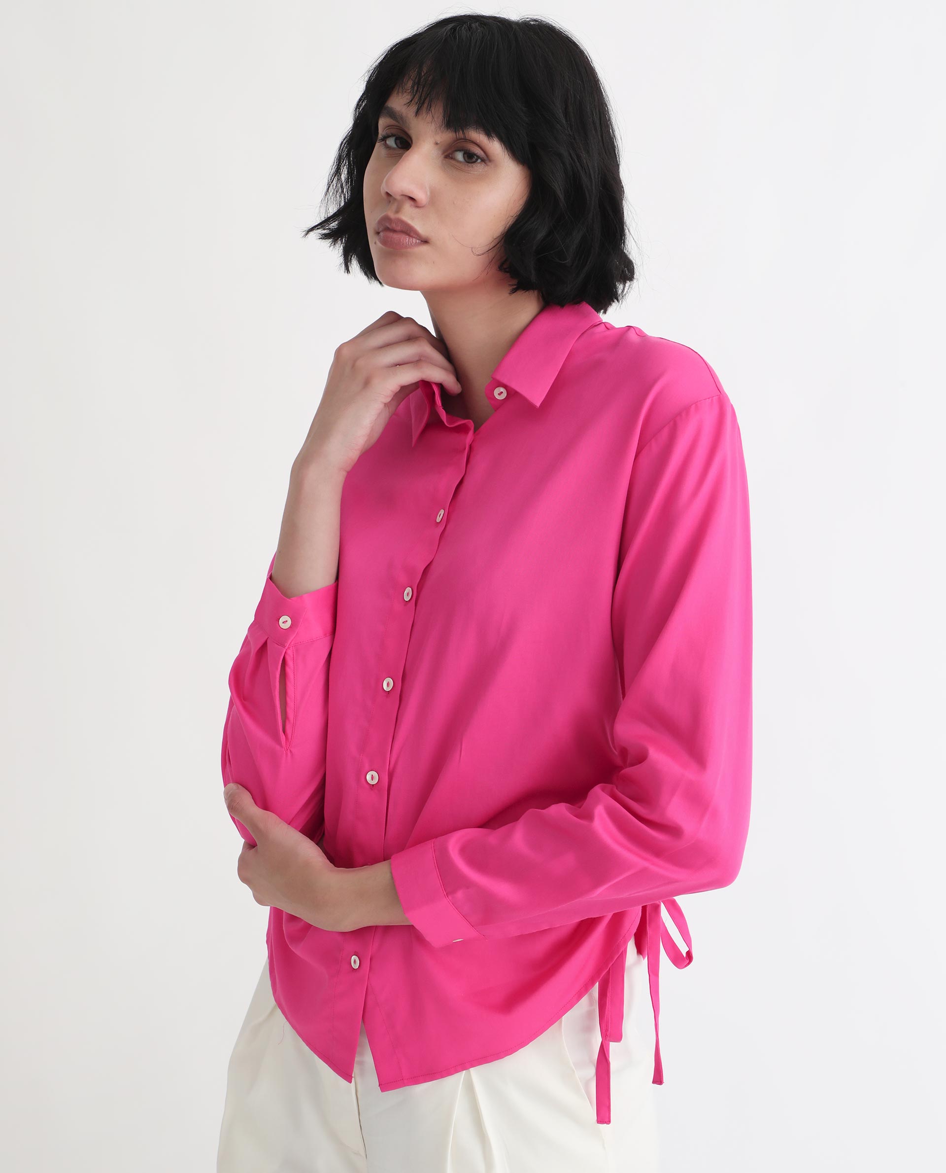 Women'S Avocado Pink Cotton Fabric Full Sleeves Button Closure Shirt Collar Regular Fit Plain Top