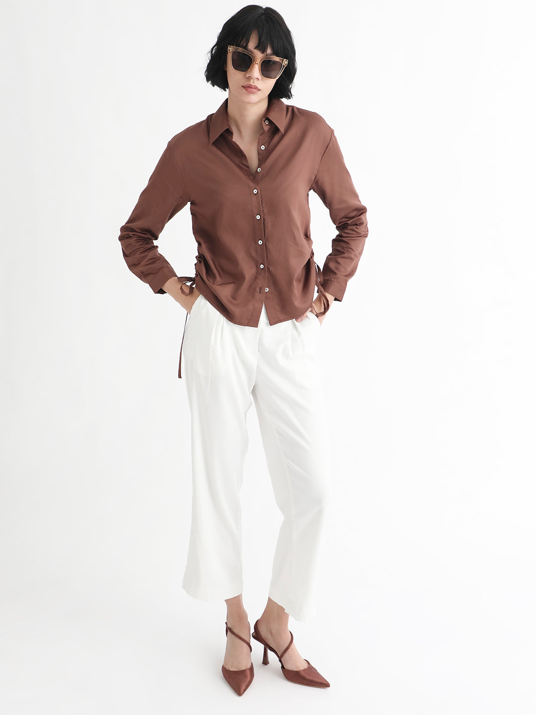 Women'S Avocado Brown Cotton Fabric Regular Fit Shirt Collar Full Sleeves Solid Top