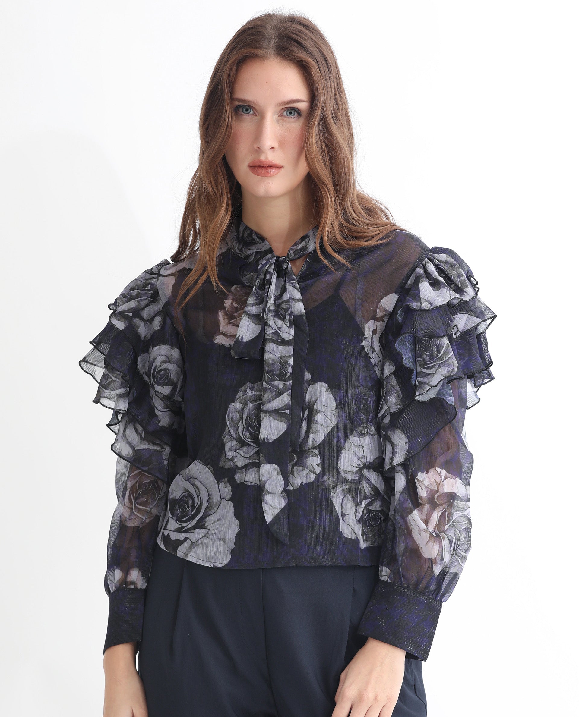 Women'S Ayka Dusky Purple Polyester Fabric Full Sleeves V-Neck Cuffed Sleeve Regular Fit Floral Print Blouse Top