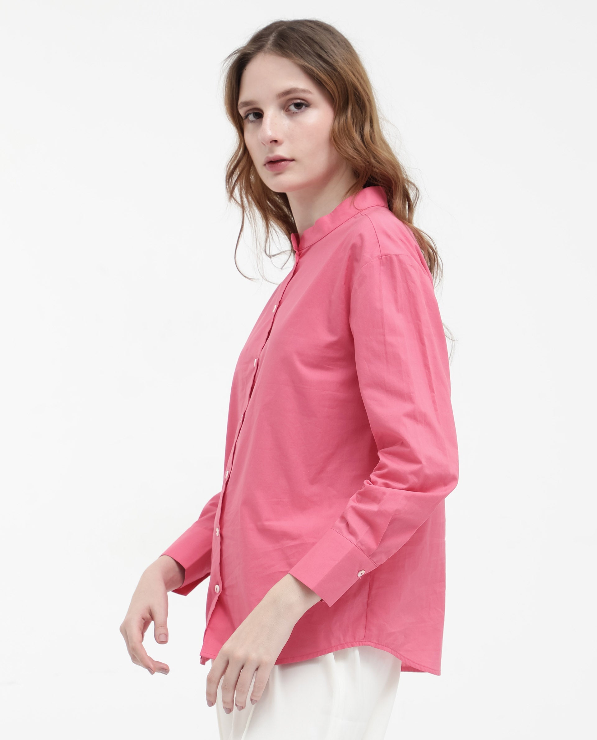 Women'S Aytac Light Pink Cotton Fabric Mandarin Collar Solid Shirt