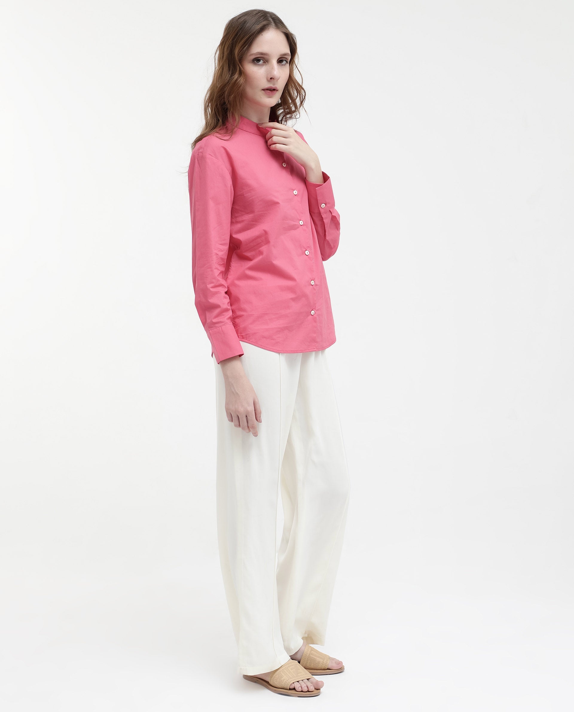 Women'S Aytac Light Pink Cotton Fabric Mandarin Collar Solid Shirt